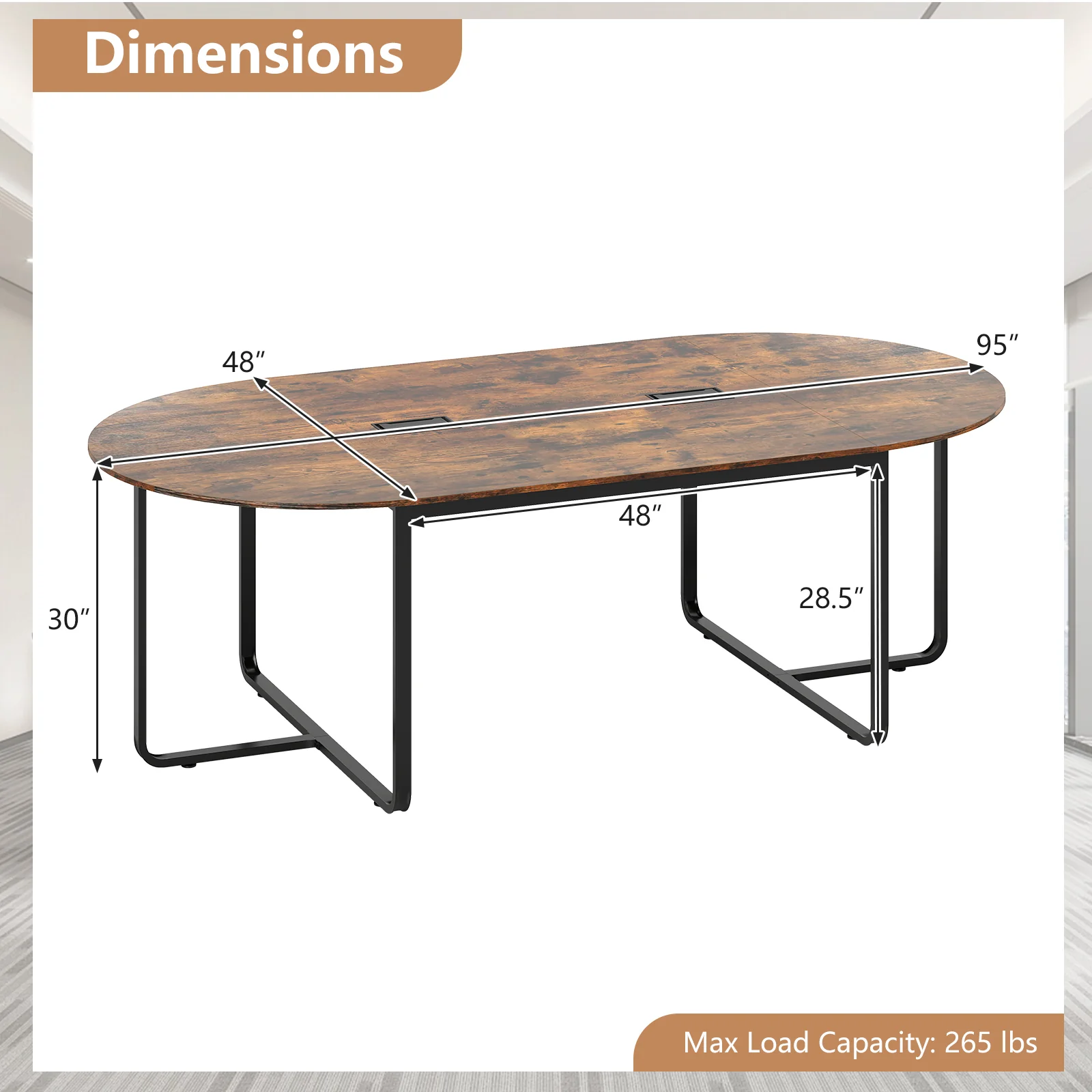 95 Inches Oval Conference Table, Dual Cable Holes, Rustic Brown - Image 6