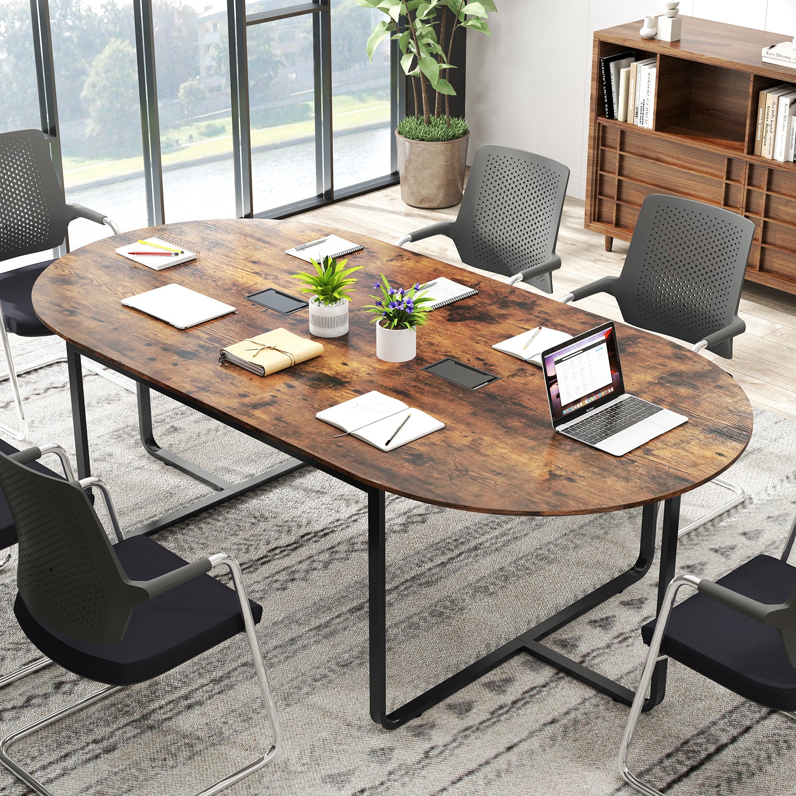 95 Inches Oval Conference Table, Dual Cable Holes, Rustic Brown - Image 7