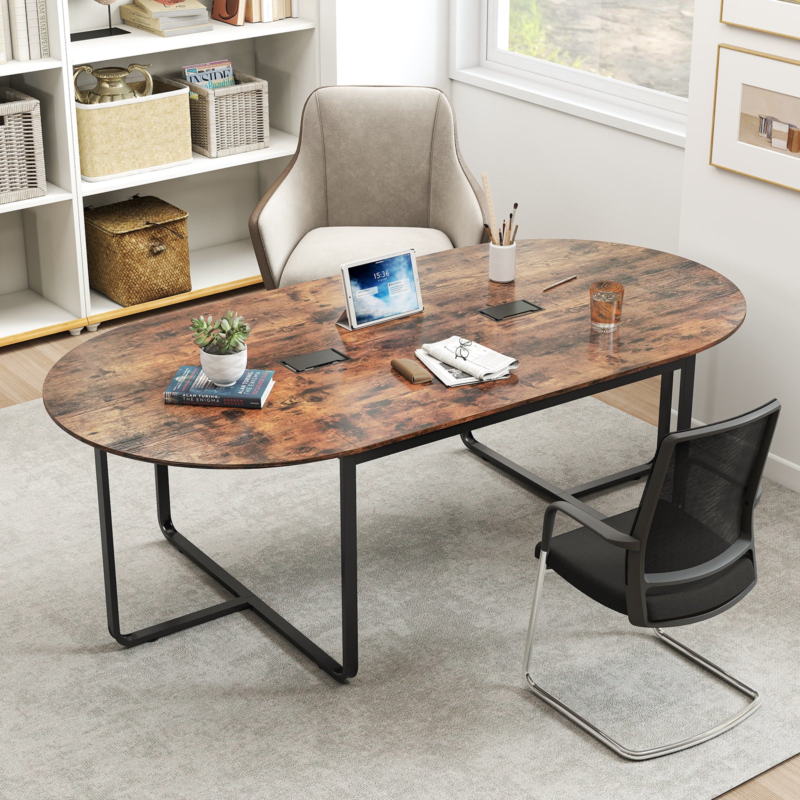 95 Inches Oval Conference Table, Dual Cable Holes, Rustic Brown - Image 8