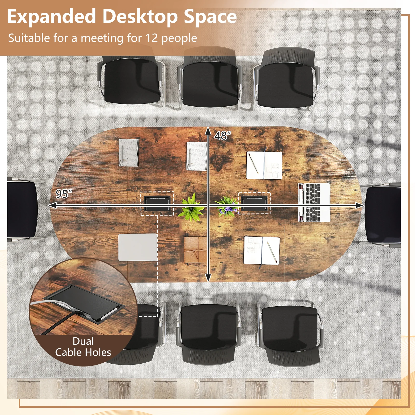 95 Inches Oval Conference Table, Dual Cable Holes, Rustic Brown - Image 9