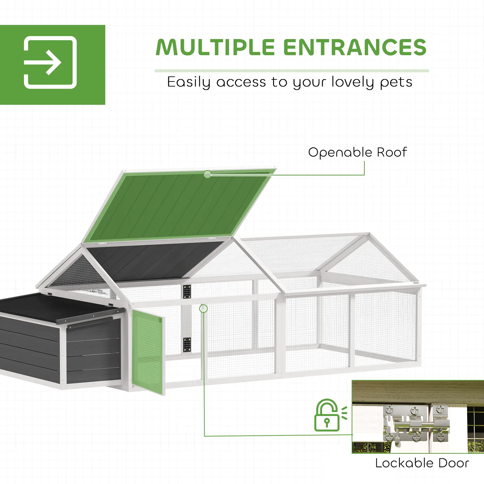 95"L Chicken Coop With Nesting Box, Wooden Roof, Side Door, For 4-8 Chickens - Image 5