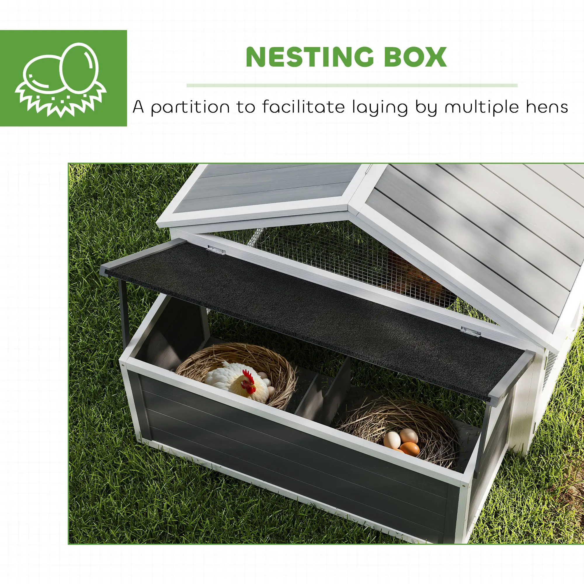 95"L Chicken Coop With Nesting Box, Wooden Roof, Side Door, For 4-8 Chickens - Image 7