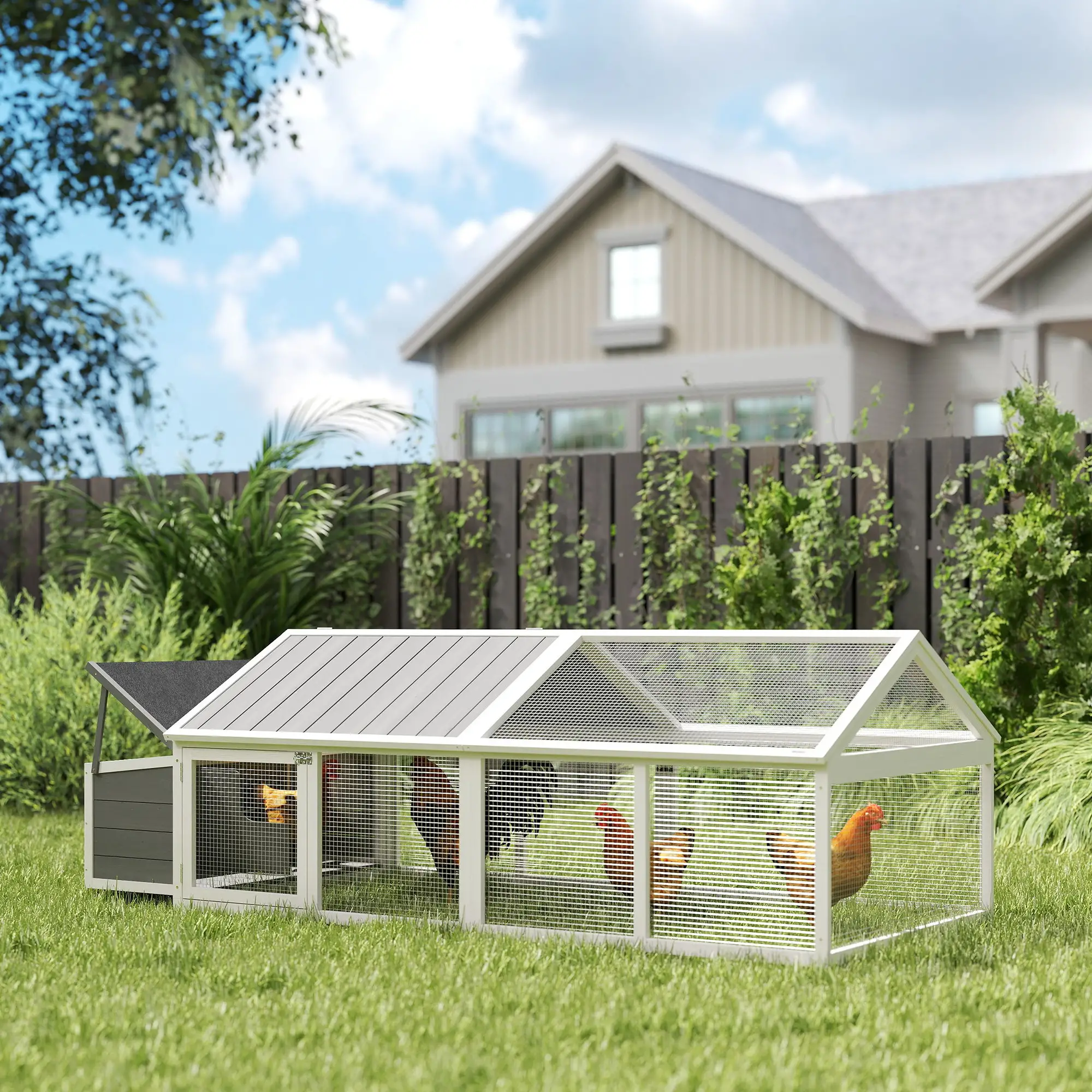 95"L Chicken Coop With Nesting Box, Wooden Roof, Side Door, For 4-8 Chickens - Image 8