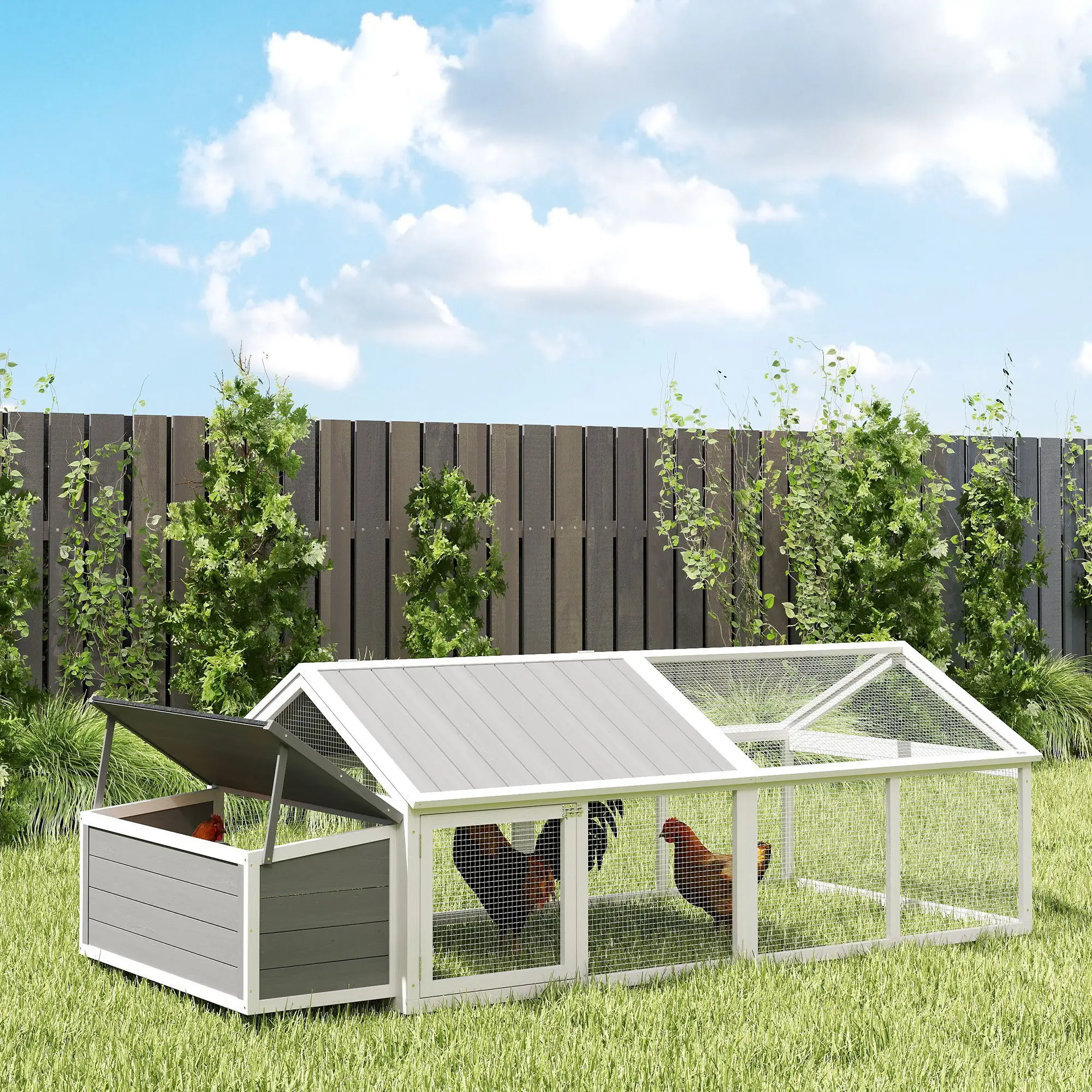 95"L Chicken Coop With Nesting Box, Wooden Roof, Side Door, For 4-8 Chickens - Image 9