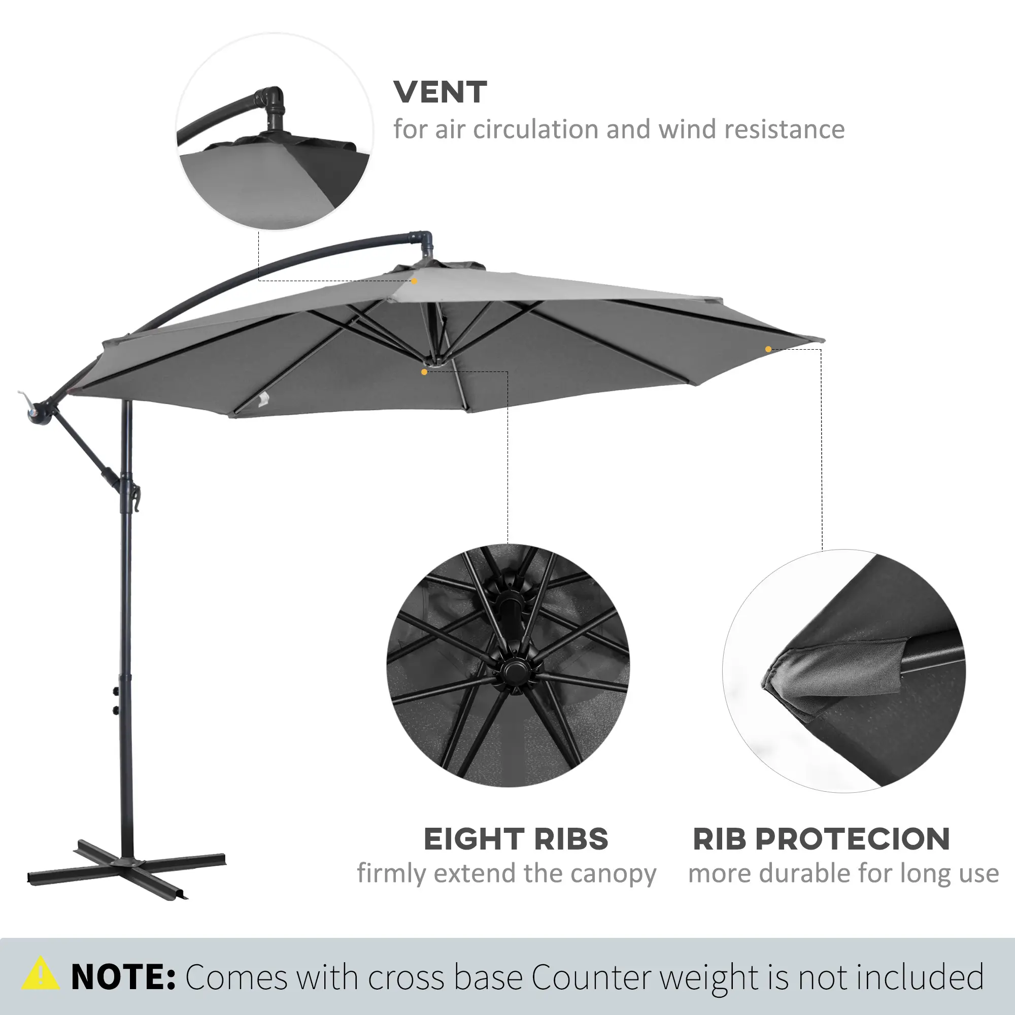9.7ft Offset Patio UmbrellaCantilever Parasol with Crank Handle, 8 Ribs and Cross Base for Outdoor, Sun Shade, Cream - Image 6