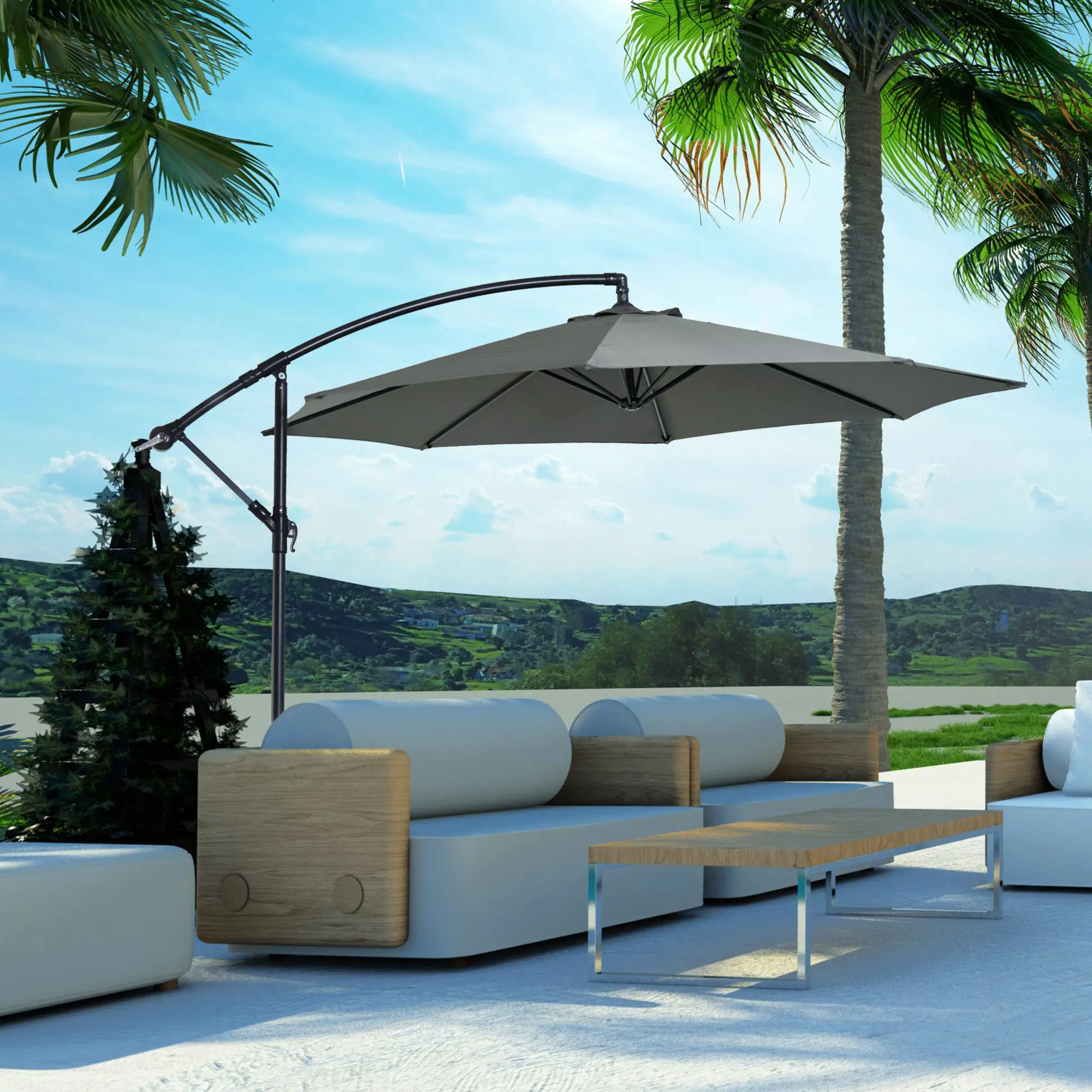 9.7ft Offset Patio UmbrellaCantilever Parasol with Crank Handle, 8 Ribs and Cross Base for Outdoor, Sun Shade, Cream - Image 9