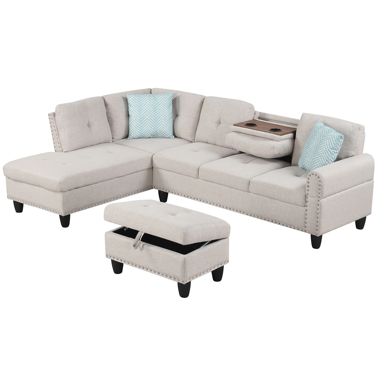 98 Inches Sectional Sofa With Storage Ottoman, Linen Fabric, Beige - Image 4