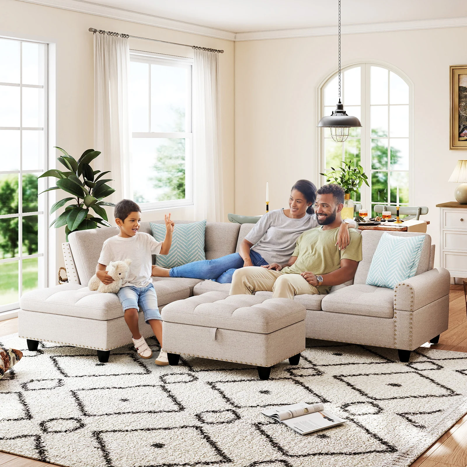 98 Inches Sectional Sofa With Storage Ottoman, Linen Fabric, Beige - Image 7