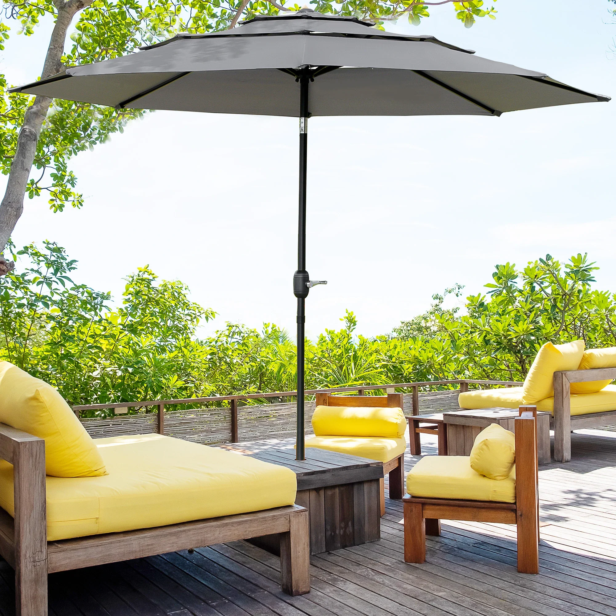9FT 3 Tiers Patio Umbrella, Crank Push Button Tilt, Light Grey - Image 2