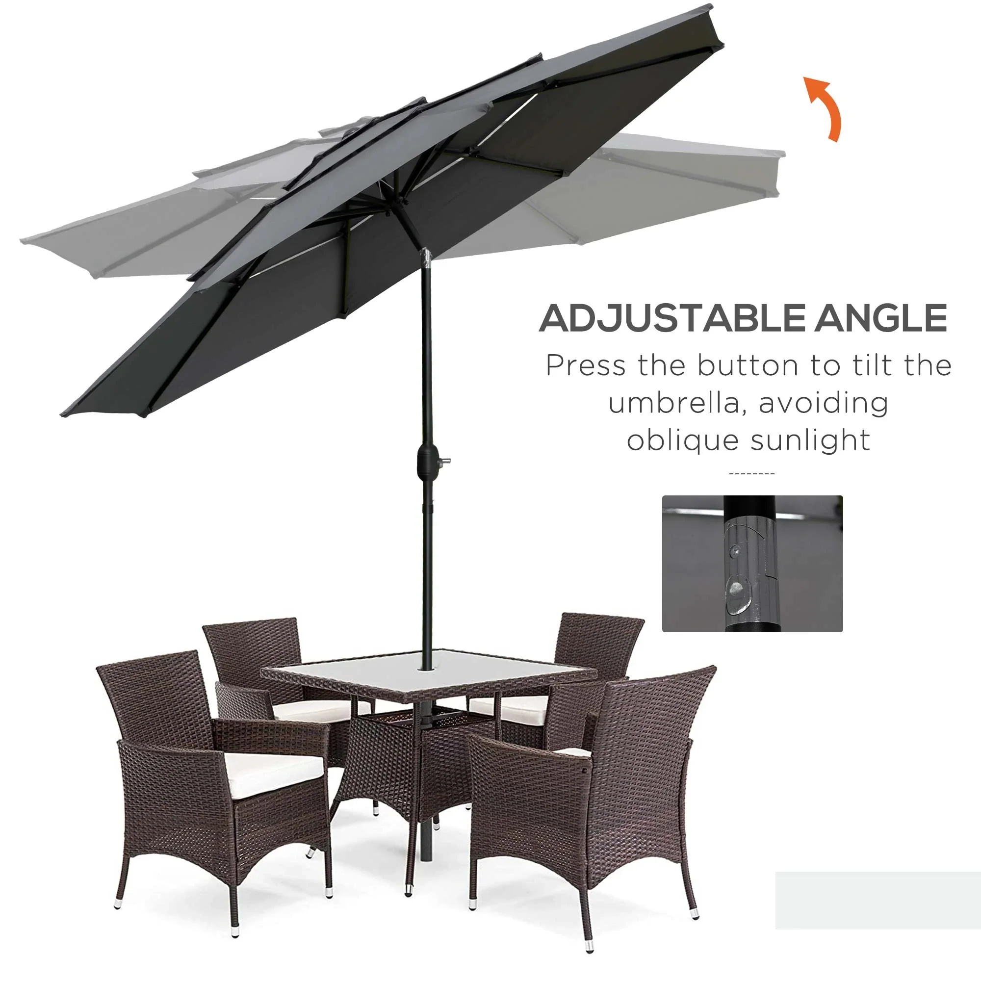 9FT 3 Tiers Patio Umbrella, Crank Push Button Tilt, Light Grey - Image 4