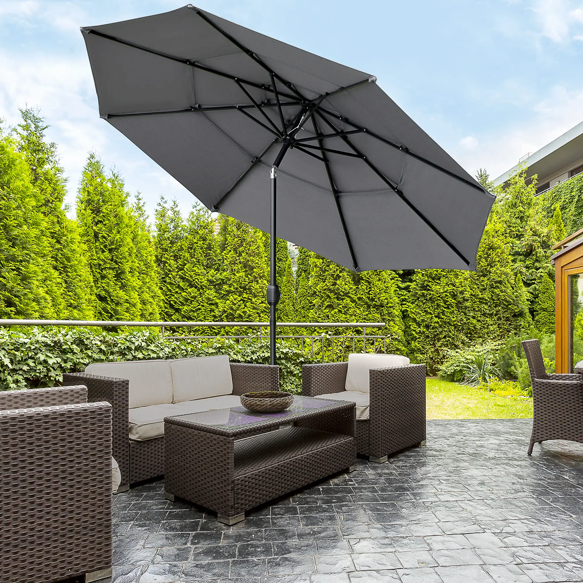9FT 3 Tiers Patio Umbrella, Crank Push Button Tilt, Light Grey - Image 8