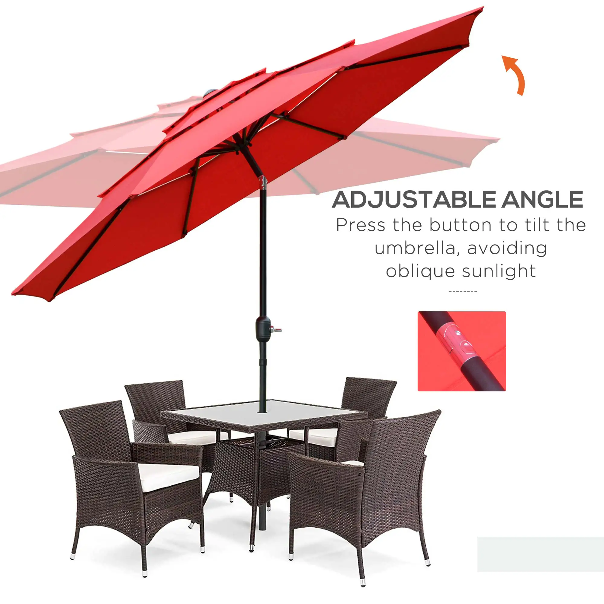 9FT 3 Tiers Patio Umbrella, Crank Push Button Tilt, Red - Image 4