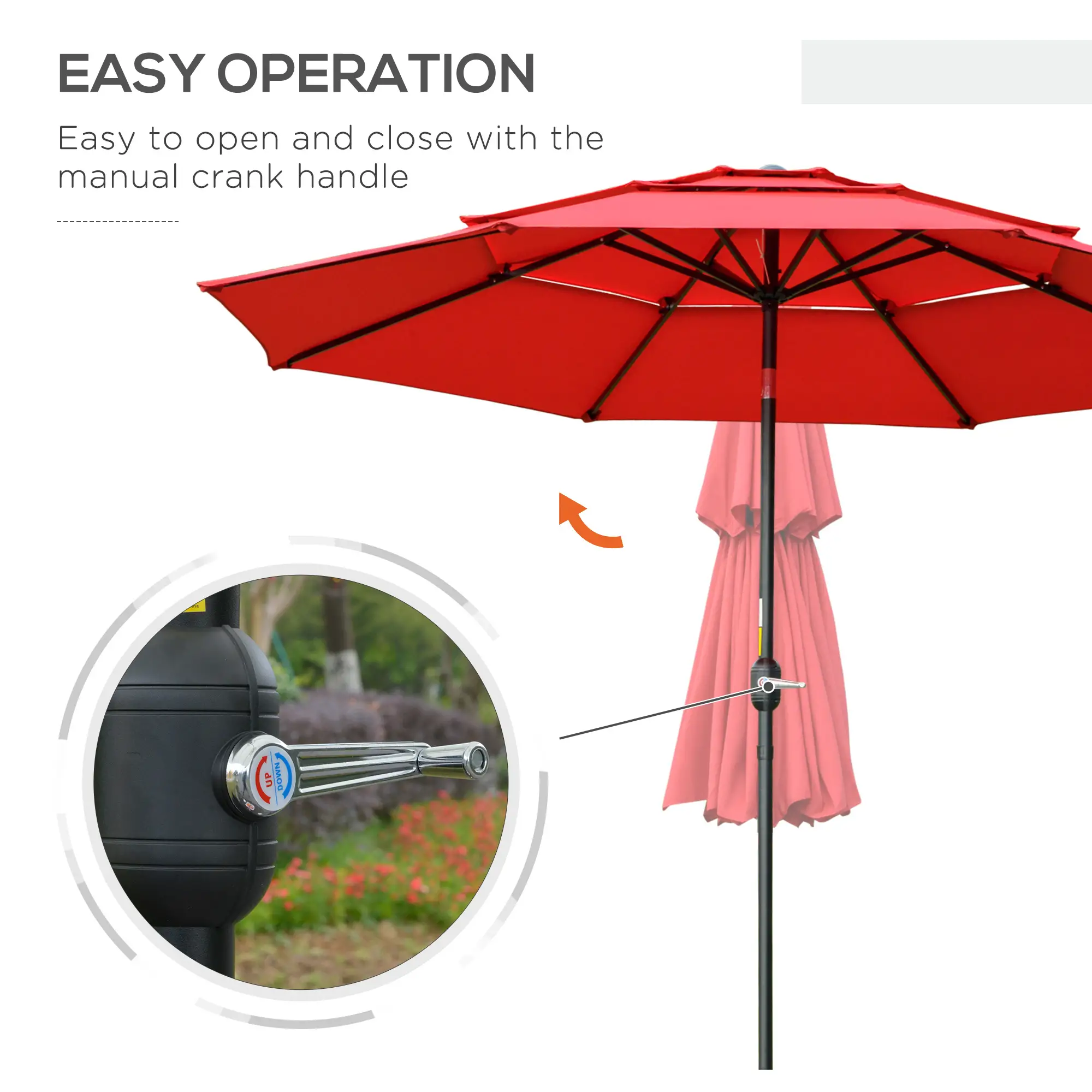 9FT 3 Tiers Patio Umbrella, Crank Push Button Tilt, Red - Image 5