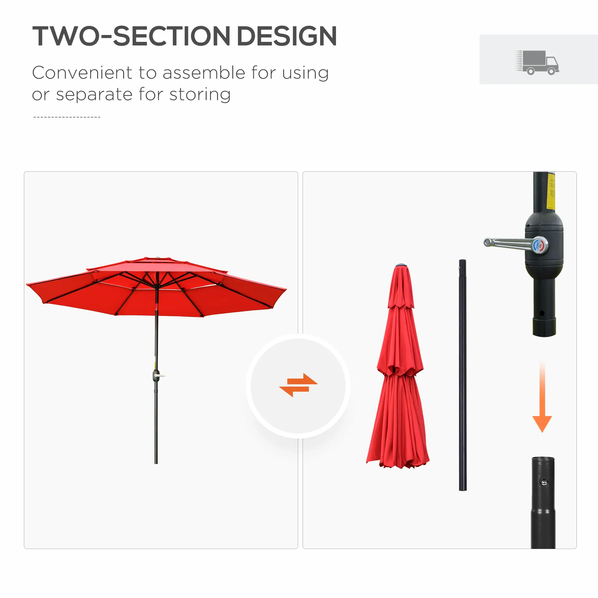 9FT 3 Tiers Patio Umbrella, Crank Push Button Tilt, Red - Image 6