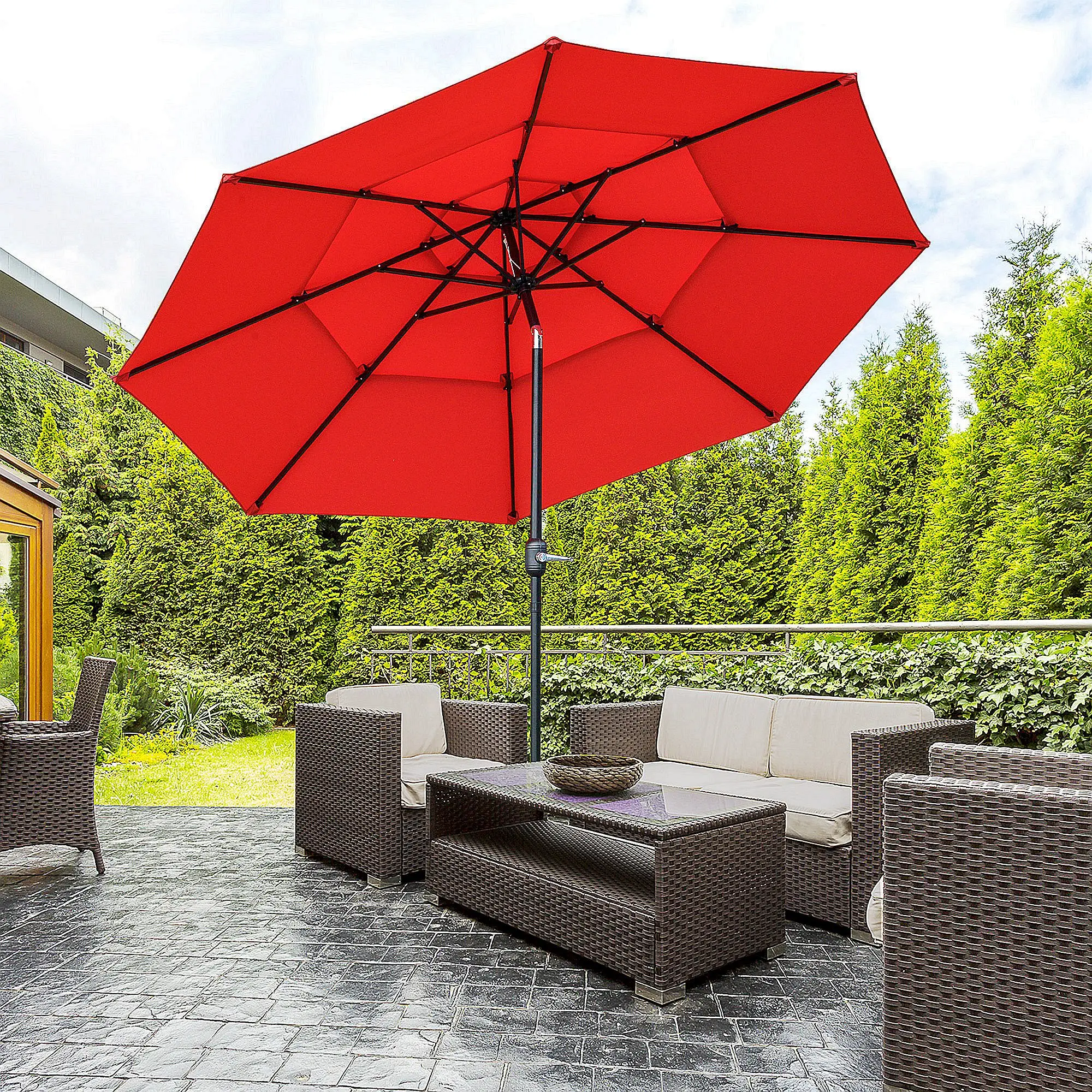 9FT 3 Tiers Patio Umbrella, Crank Push Button Tilt, Red - Image 8