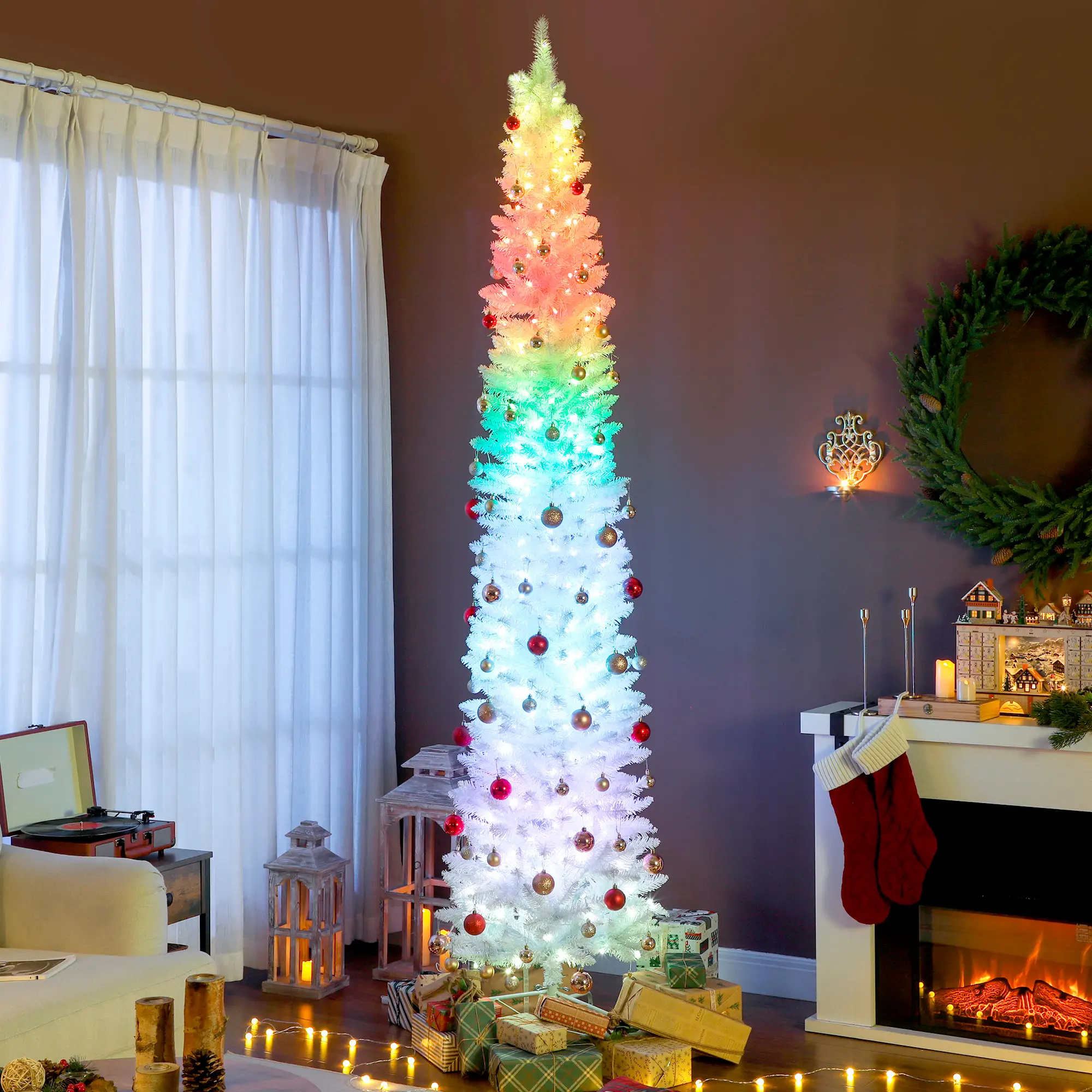 9ft Christmas Tree, Colorful DIY Synchronized LEDs, Hinged Pencil, White, White - Image 2