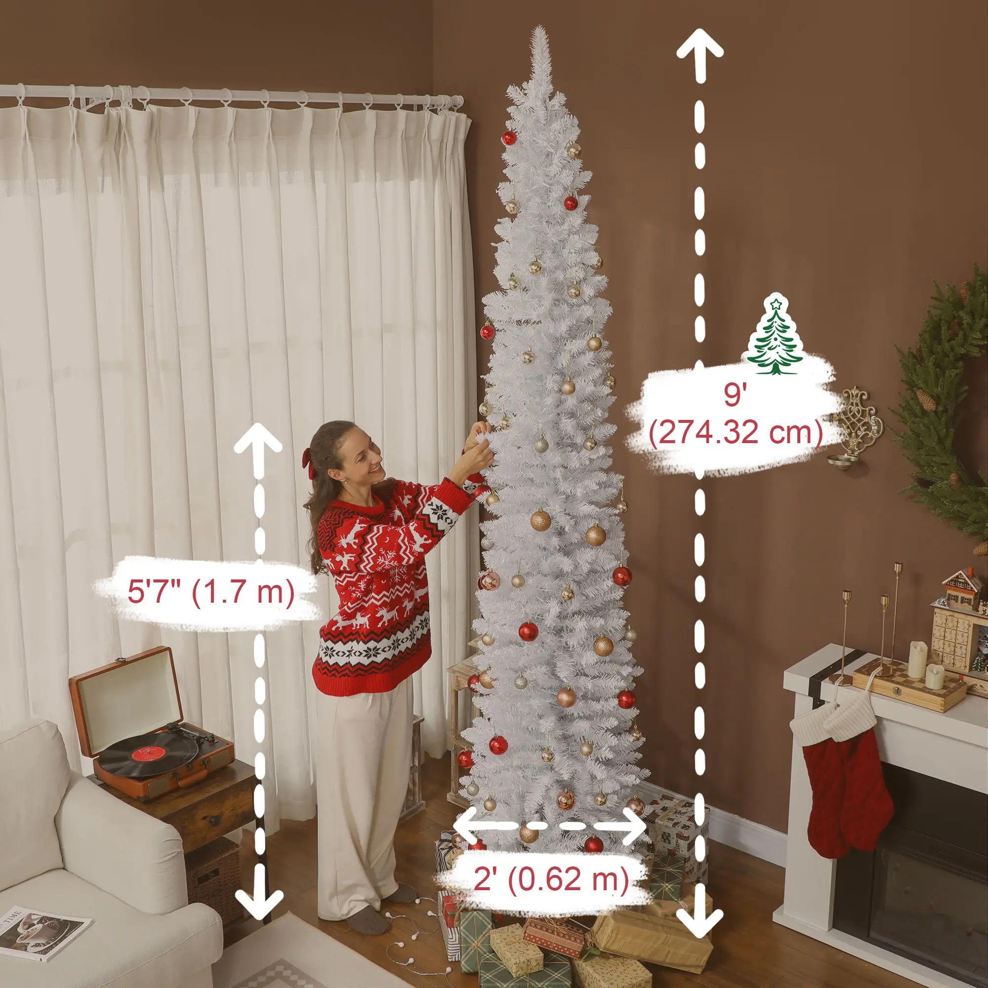 9ft Christmas Tree, Colorful DIY Synchronized LEDs, Hinged Pencil, White, White - Image 3