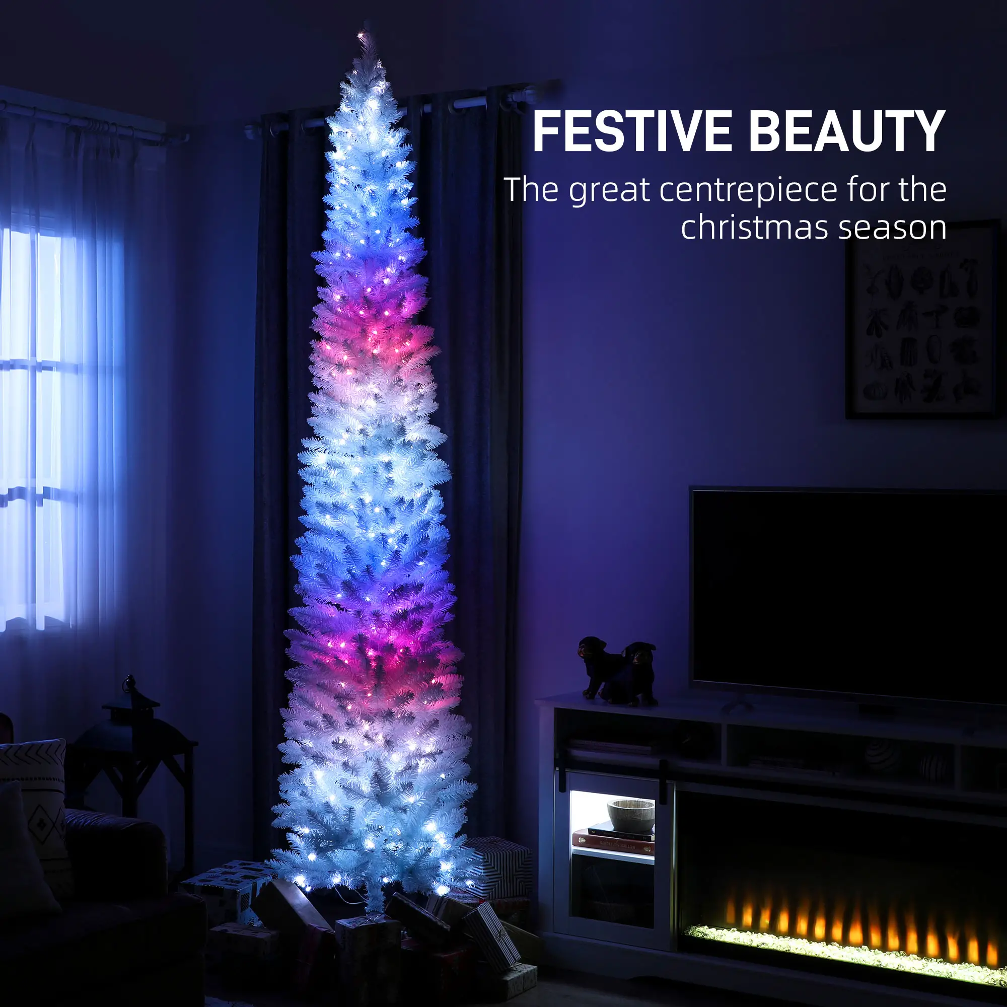 9ft Christmas Tree, Colorful DIY Synchronized LEDs, Hinged Pencil, White, White - Image 4