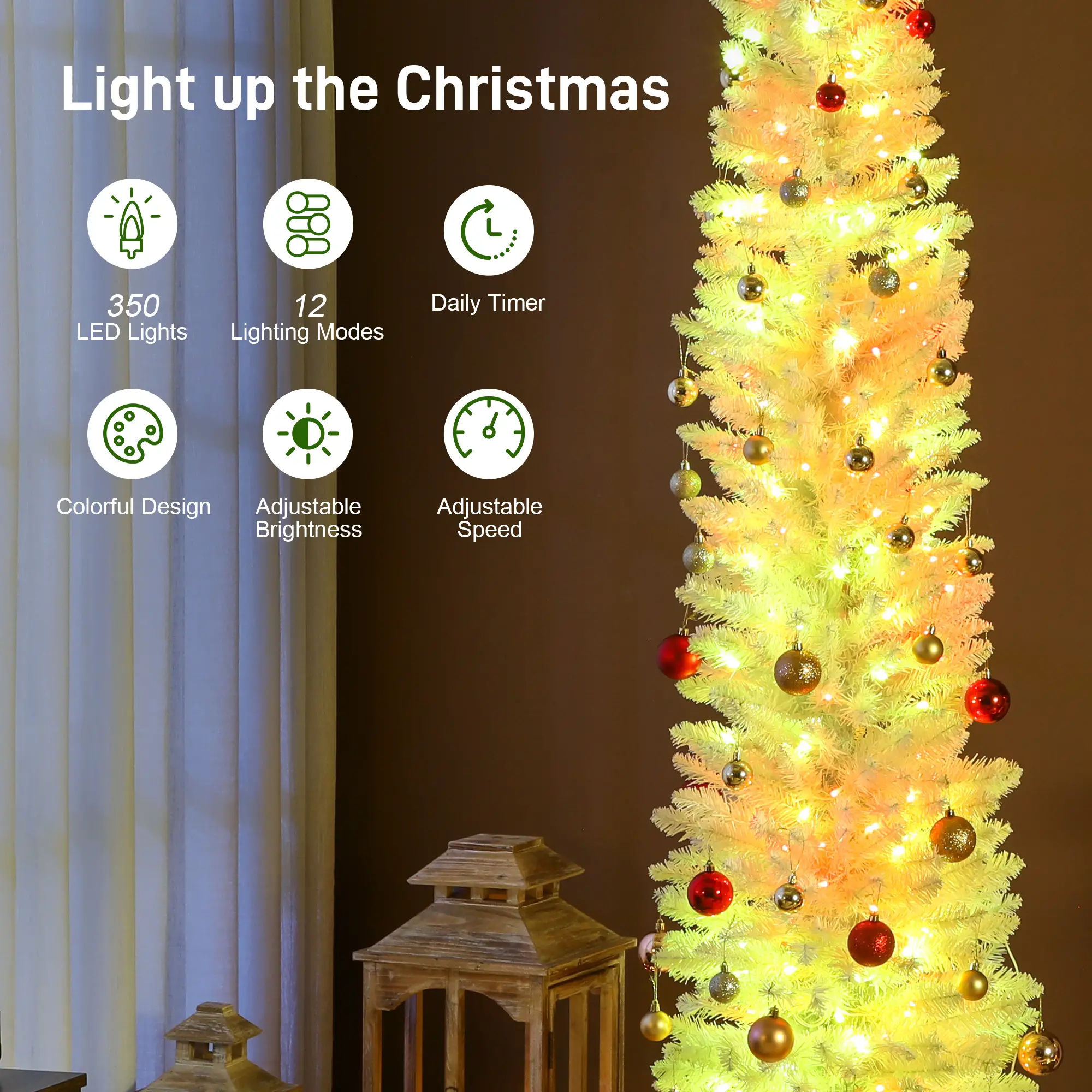 9ft Christmas Tree, Colorful DIY Synchronized LEDs, Hinged Pencil, White, White - Image 5
