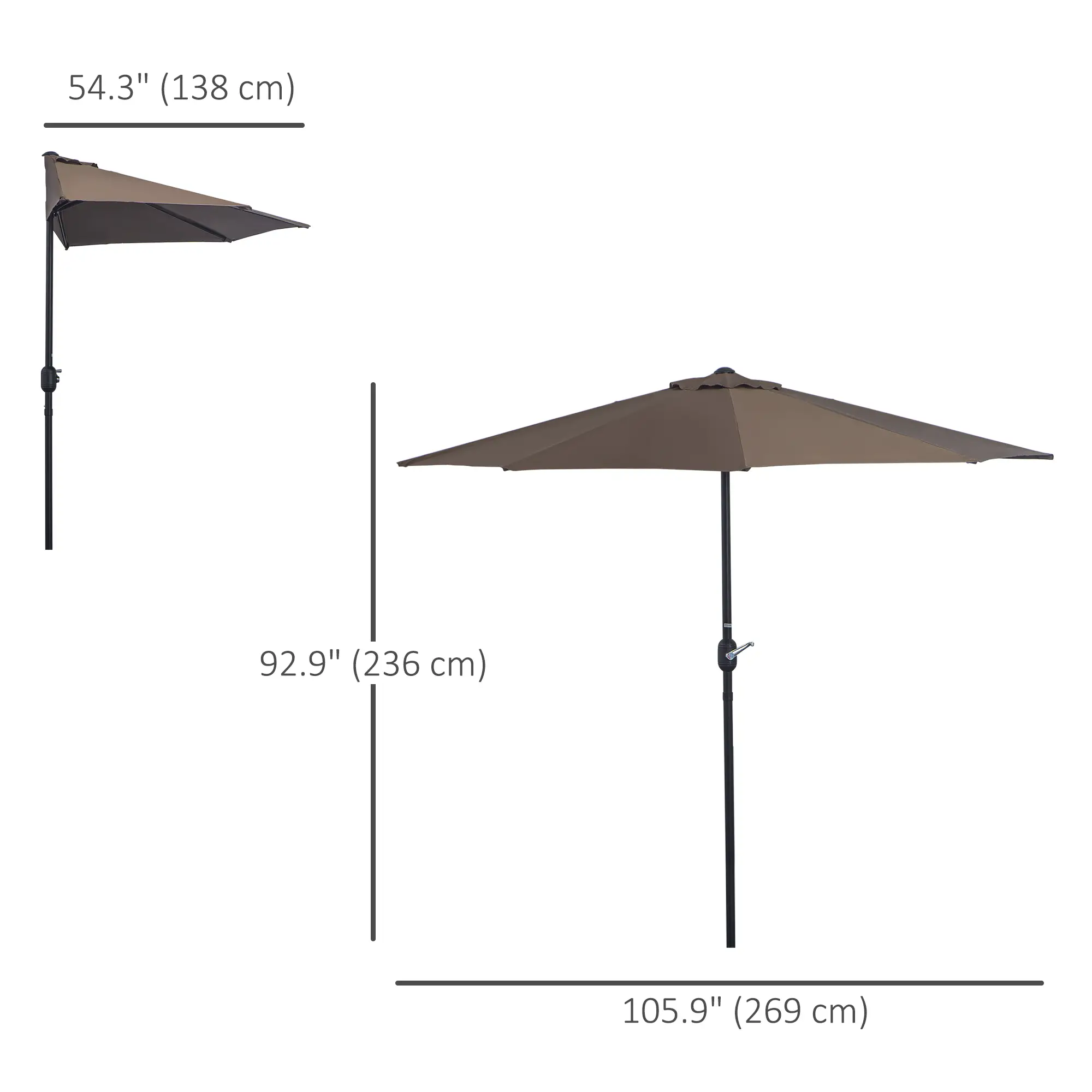 9ft Half Round Umbrella, Outdoor Patio, Coffee - Image 3
