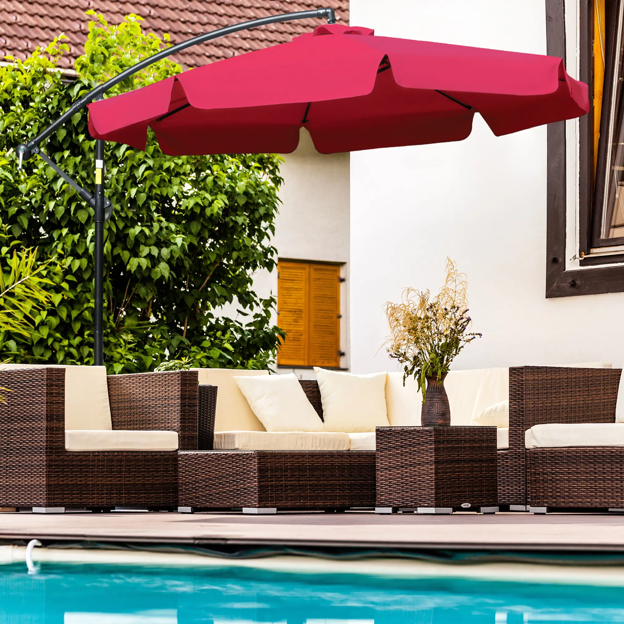 9FT Offset Hanging Patio Umbrella, Easy Tilt, Cross Base, 8 Ribs, Red - Image 2