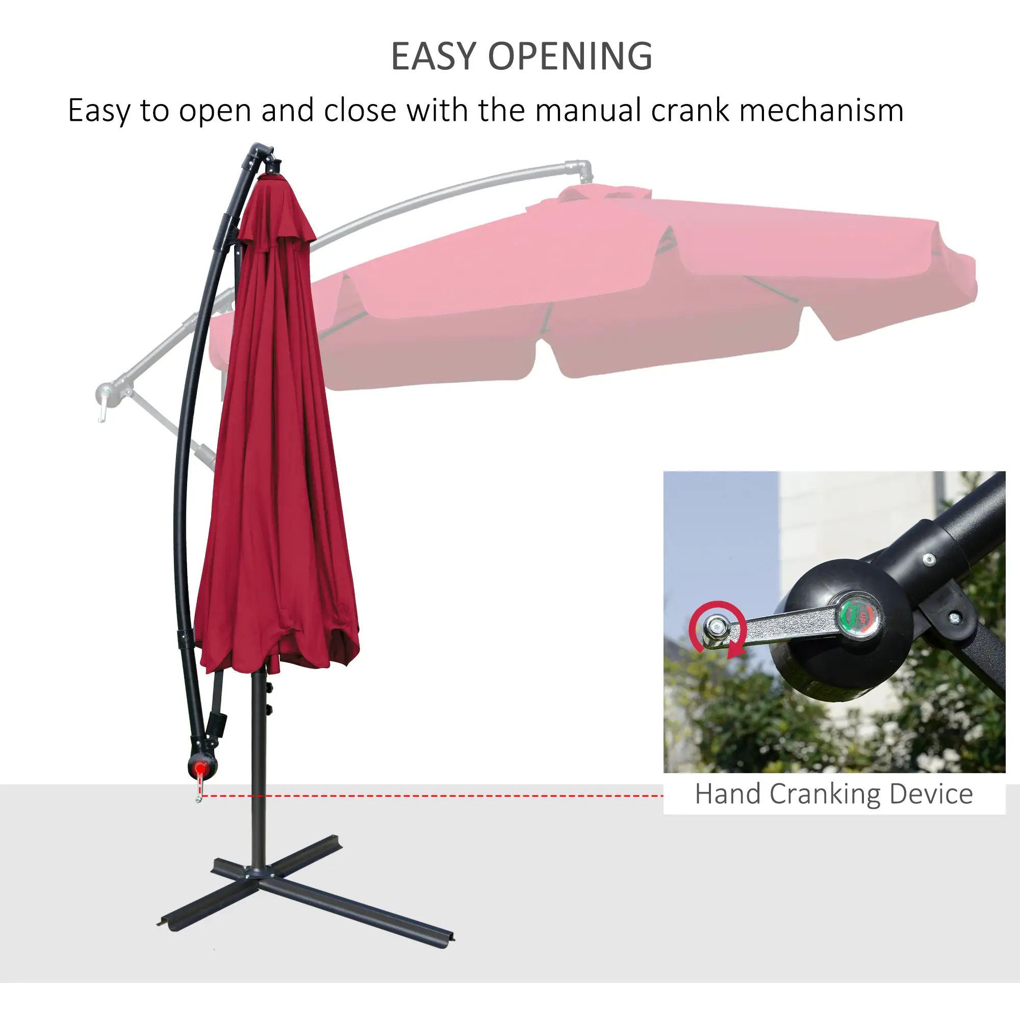 9FT Offset Hanging Patio Umbrella, Easy Tilt, Cross Base, 8 Ribs, Red - Image 4