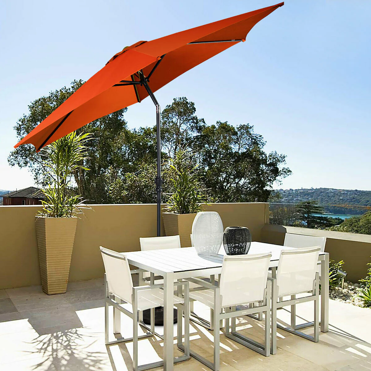 9ft Patio Market Table Umbrella, Push Button Tilt Crank, Orange - Image 3