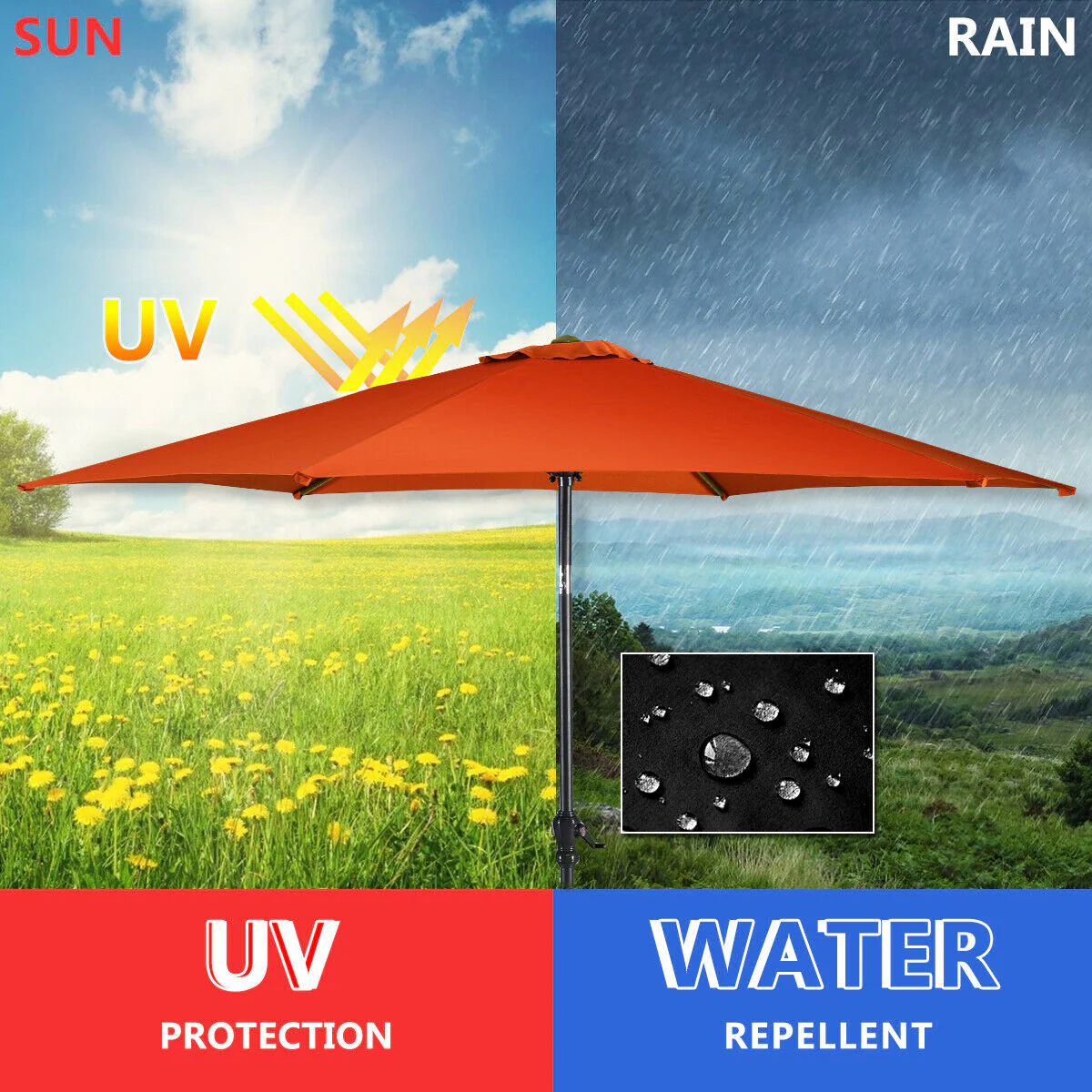9ft Patio Market Table Umbrella, Push Button Tilt Crank, Orange - Image 9