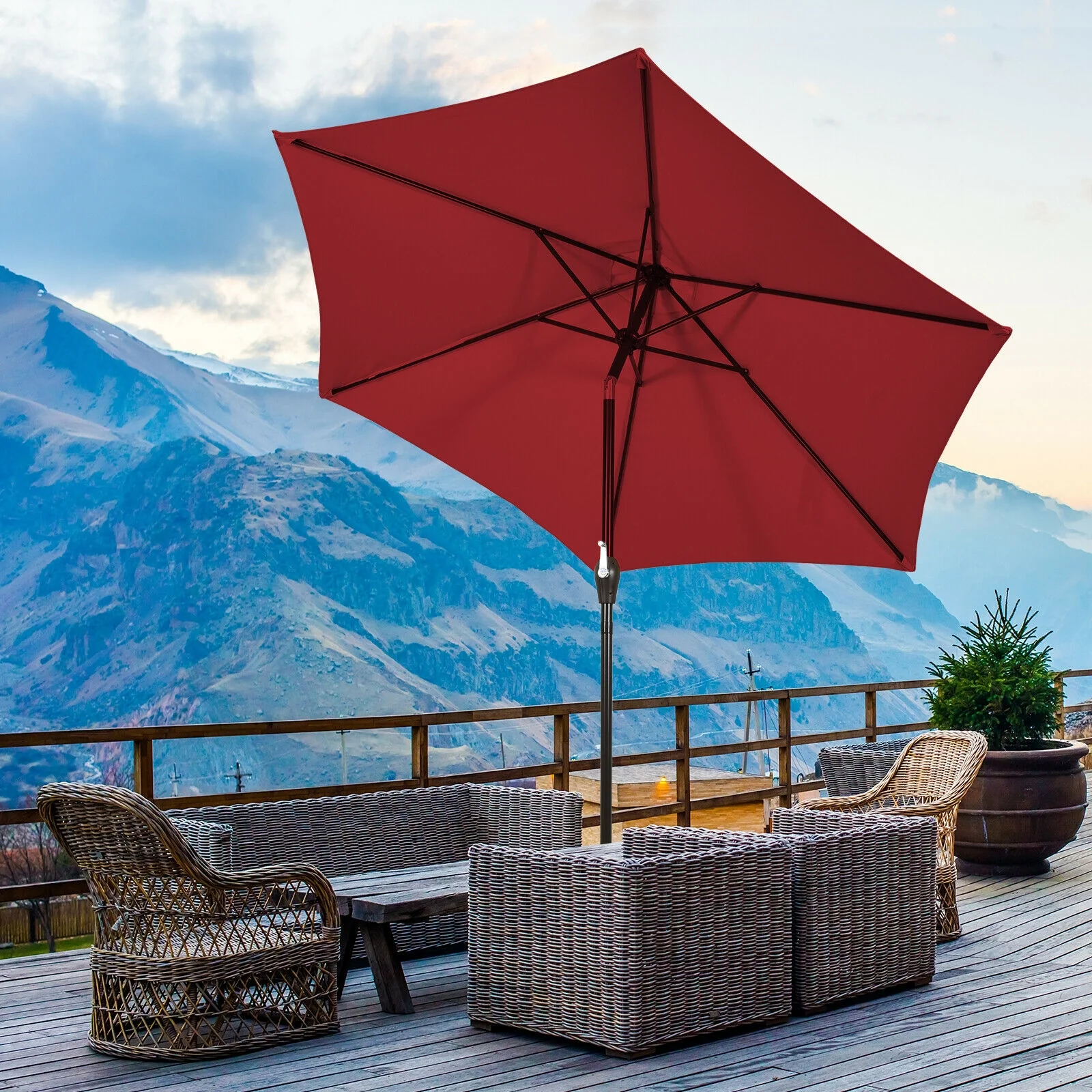 9FT Patio Umbrella, Steel Tilt Crank, Burgundy - Image 2