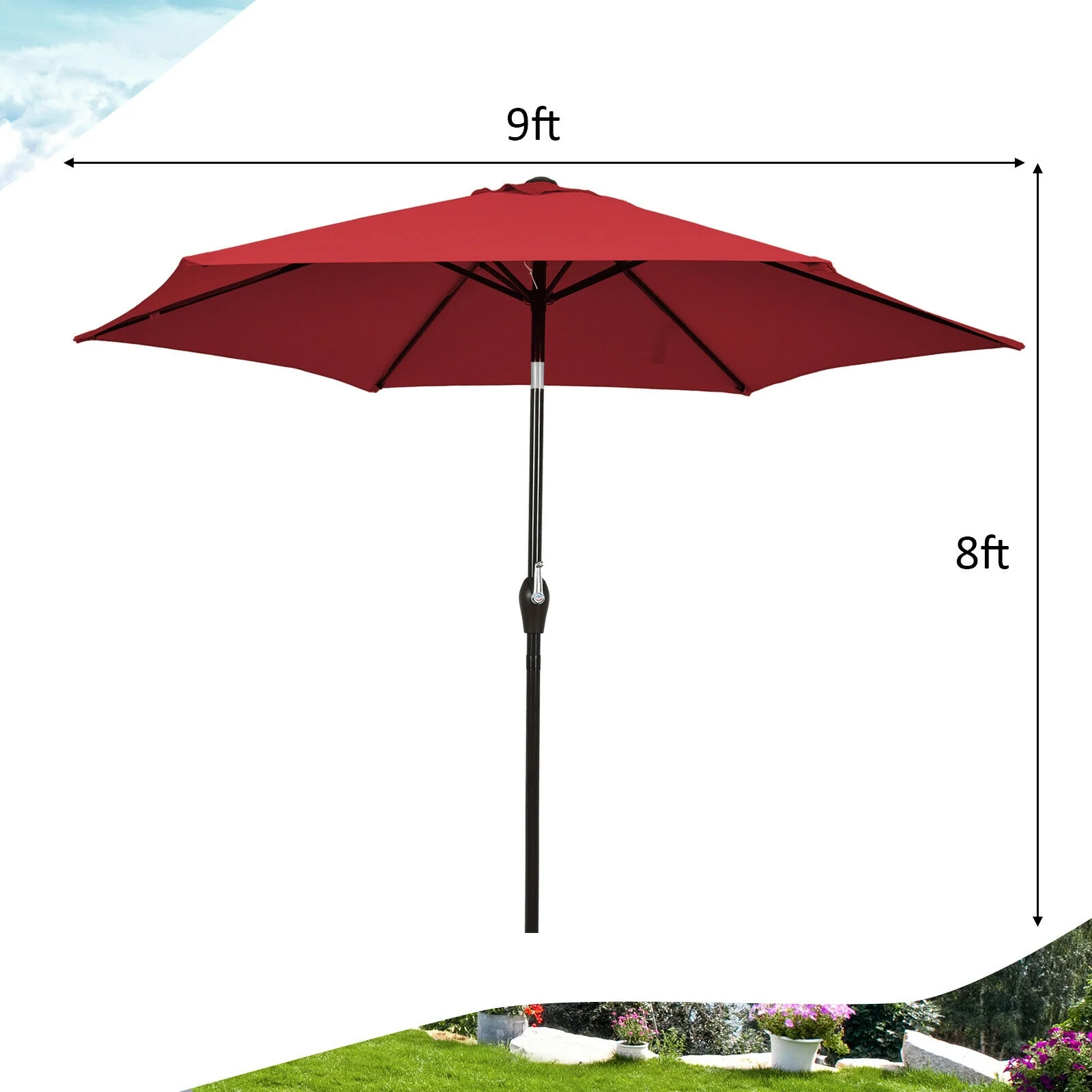 9FT Patio Umbrella, Steel Tilt Crank, Burgundy - Image 6