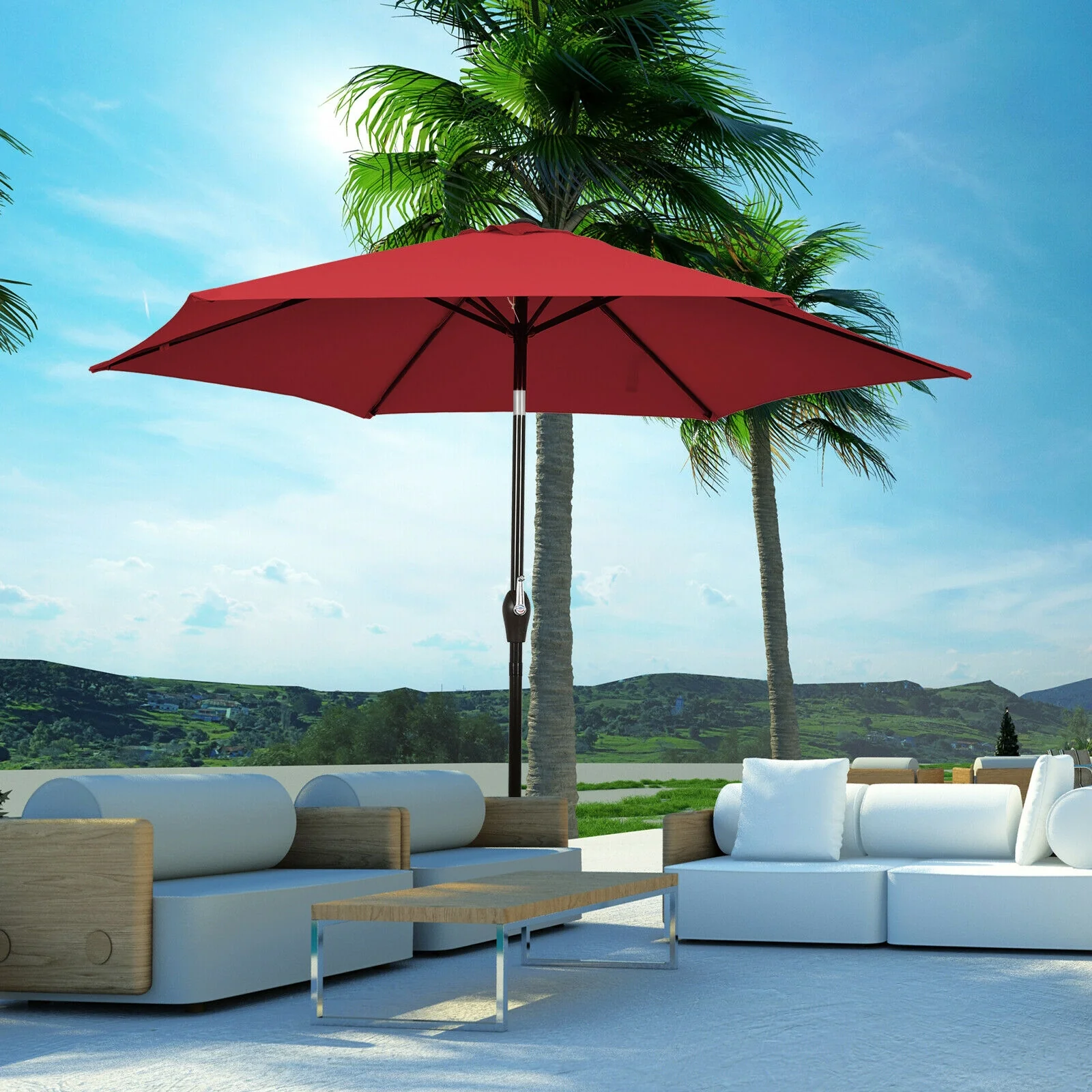9FT Patio Umbrella, Steel Tilt Crank, Burgundy - Image 9