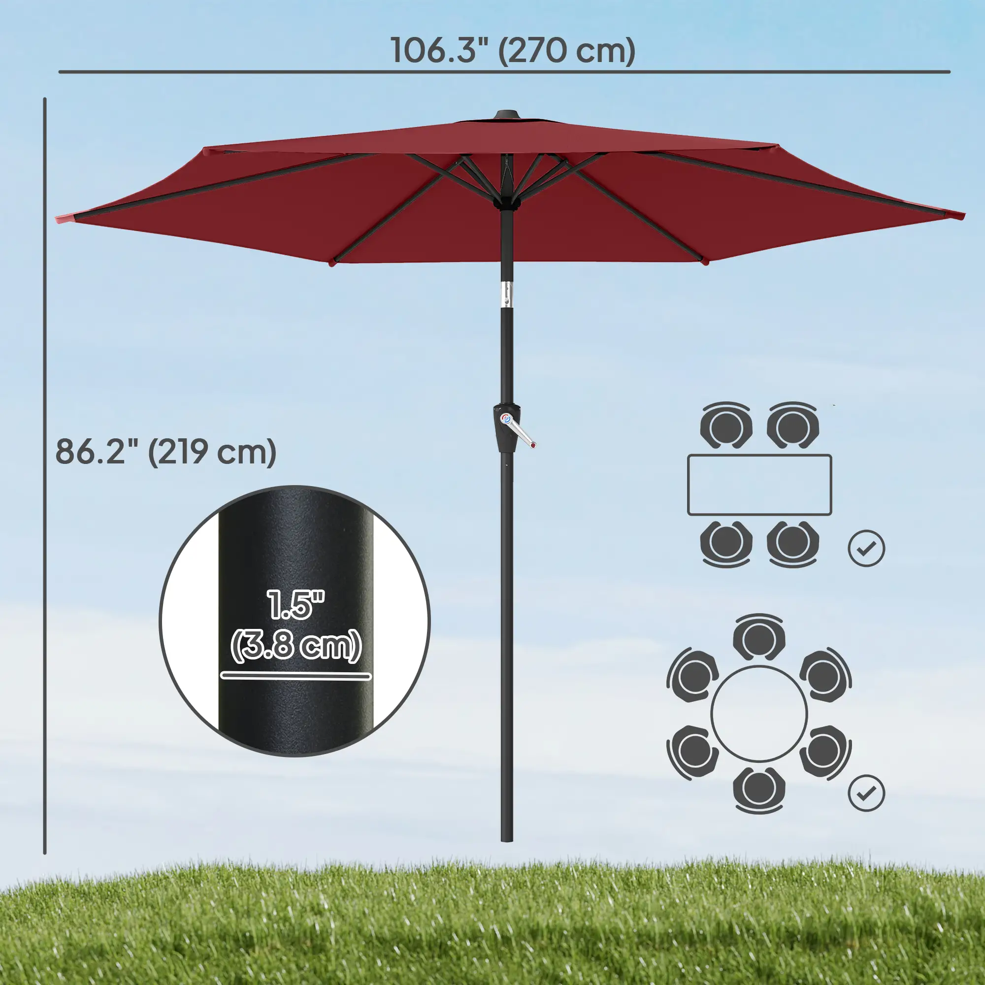 9FT Patio Umbrella, Tilt Crank, 6 Ribs, UV Protection - Image 3