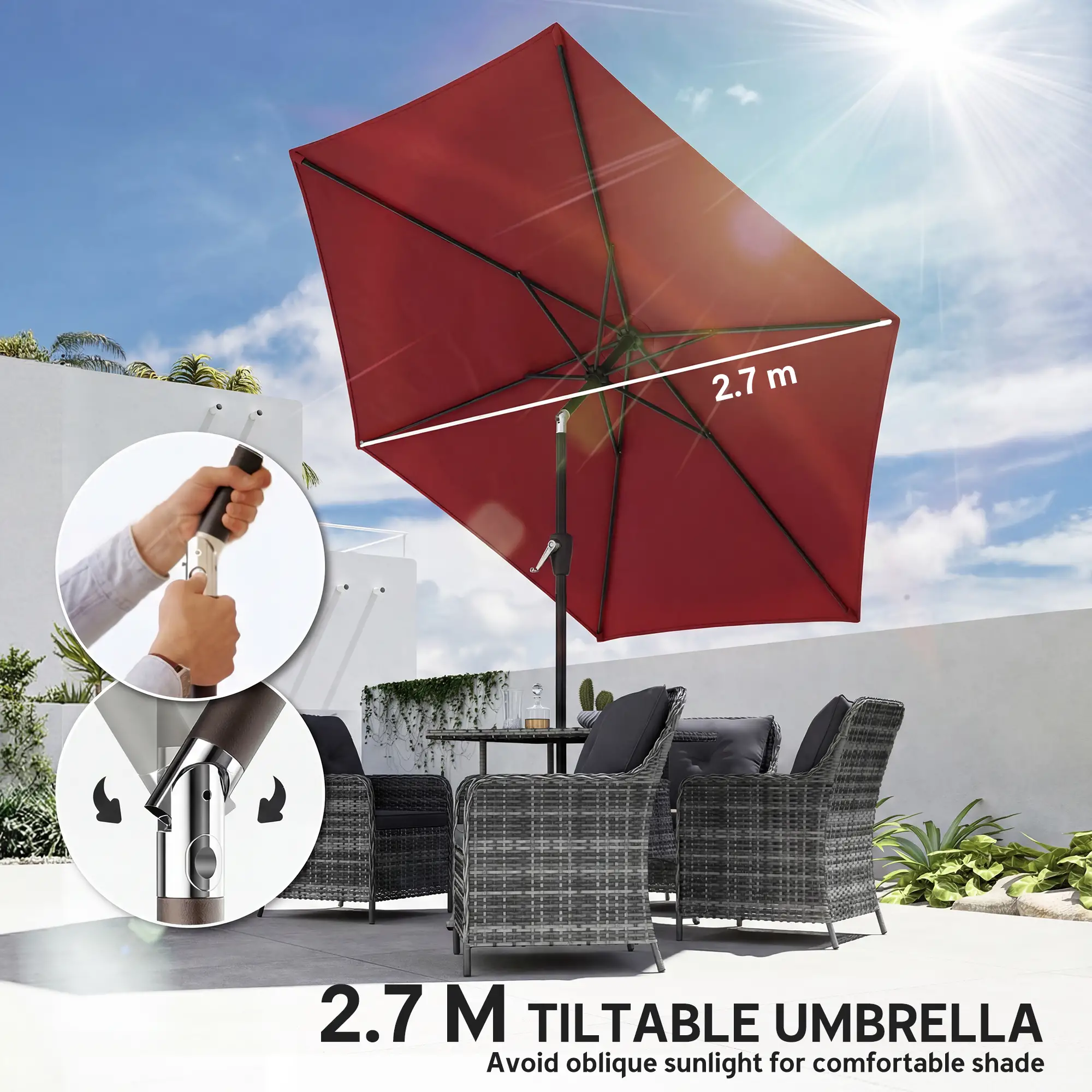 9FT Patio Umbrella, Tilt Crank, 6 Ribs, UV Protection - Image 4