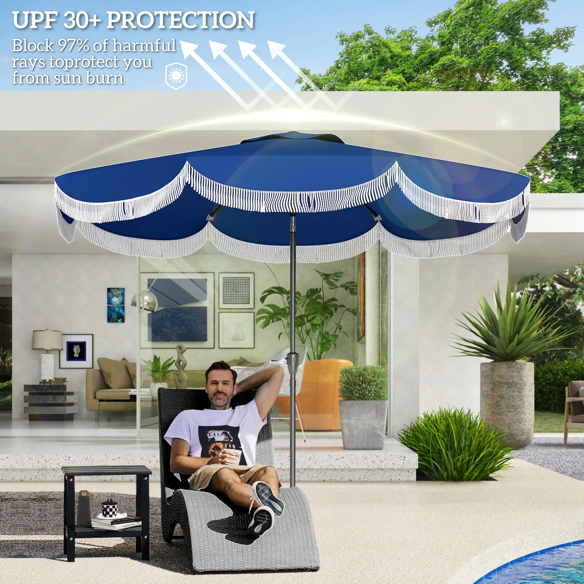 9FT Patio Umbrella, UPF 30+, Crank, 8 Ribs, Push Button Tilt, Blue - Image 5