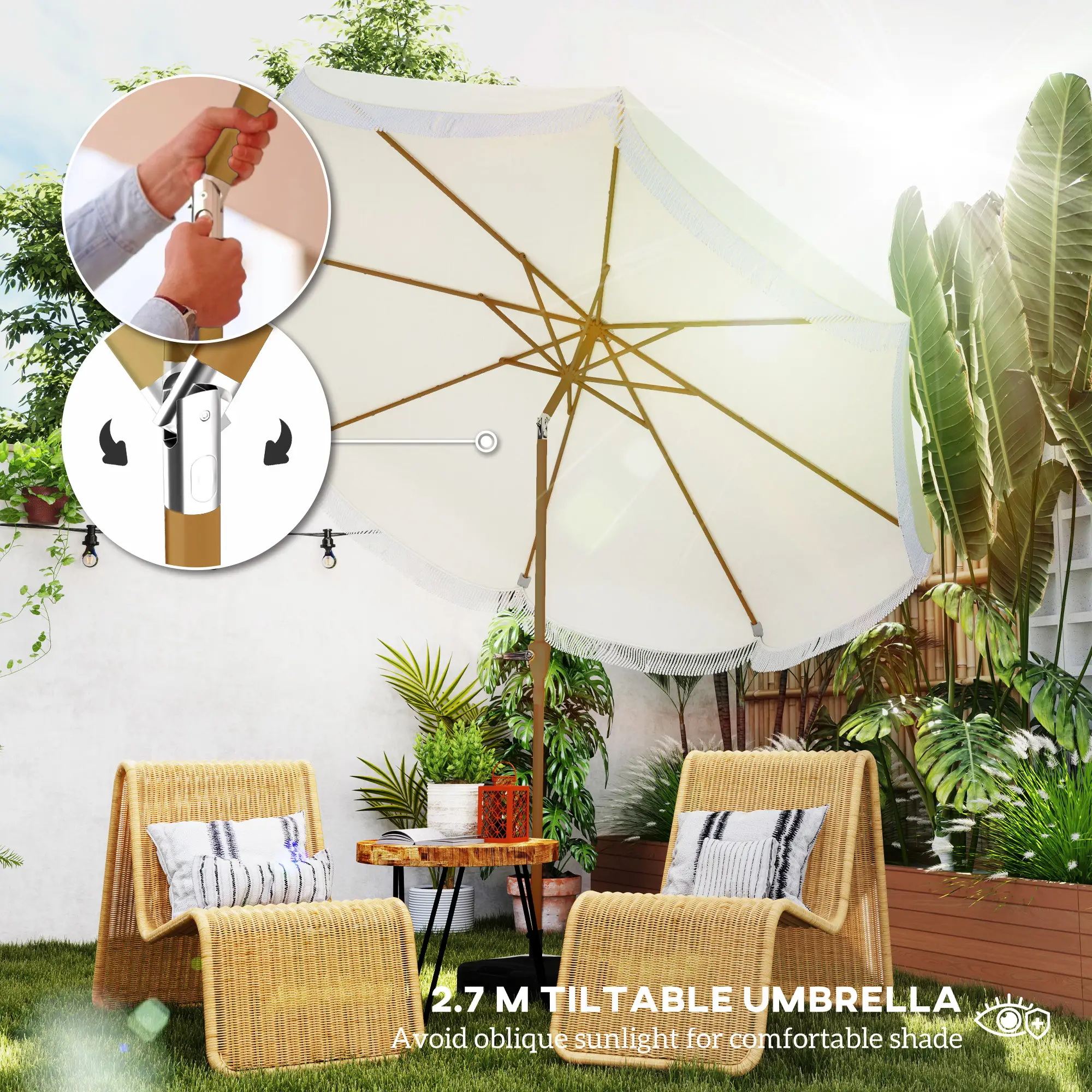 9FT Patio Umbrella, UPF 30+, Crank, 8 Ribs, Push Button Tilt, Cream White - Image 4