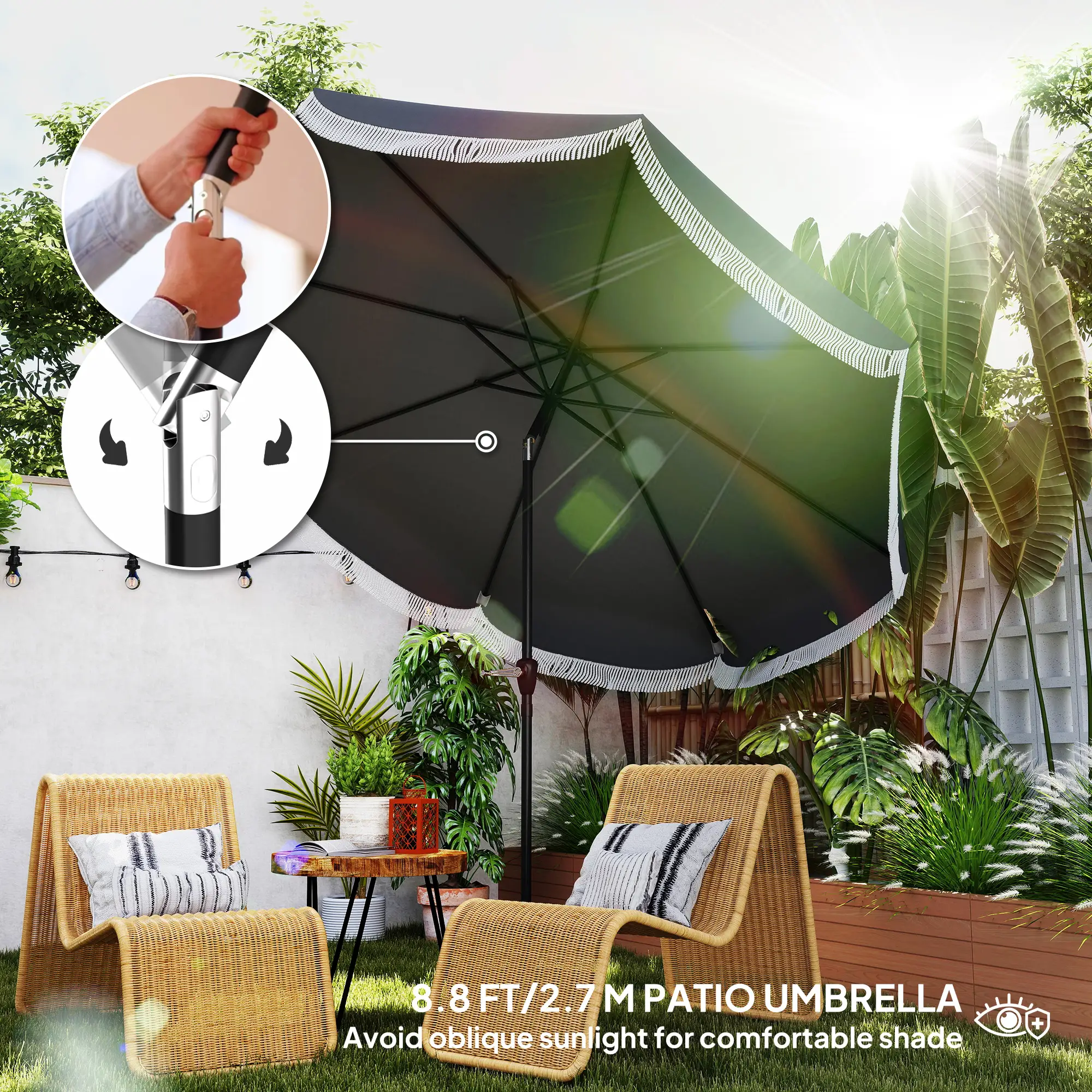9FT Patio Umbrella, UPF 30+, Crank, 8 Ribs, Tilt, Vented, Charcoal Grey - Image 4