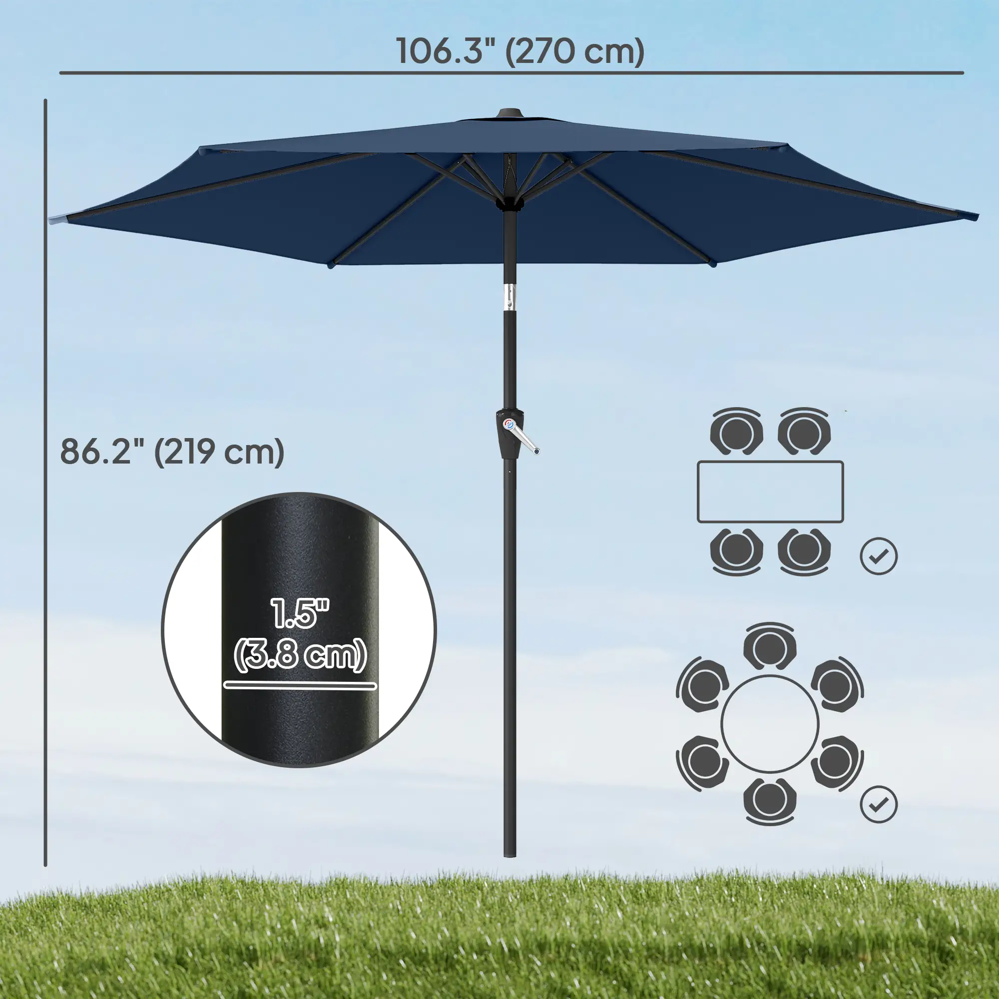 9FT Patio Umbrella With Tilt, Crank, 6 Ribs, UV Protection - Image 3