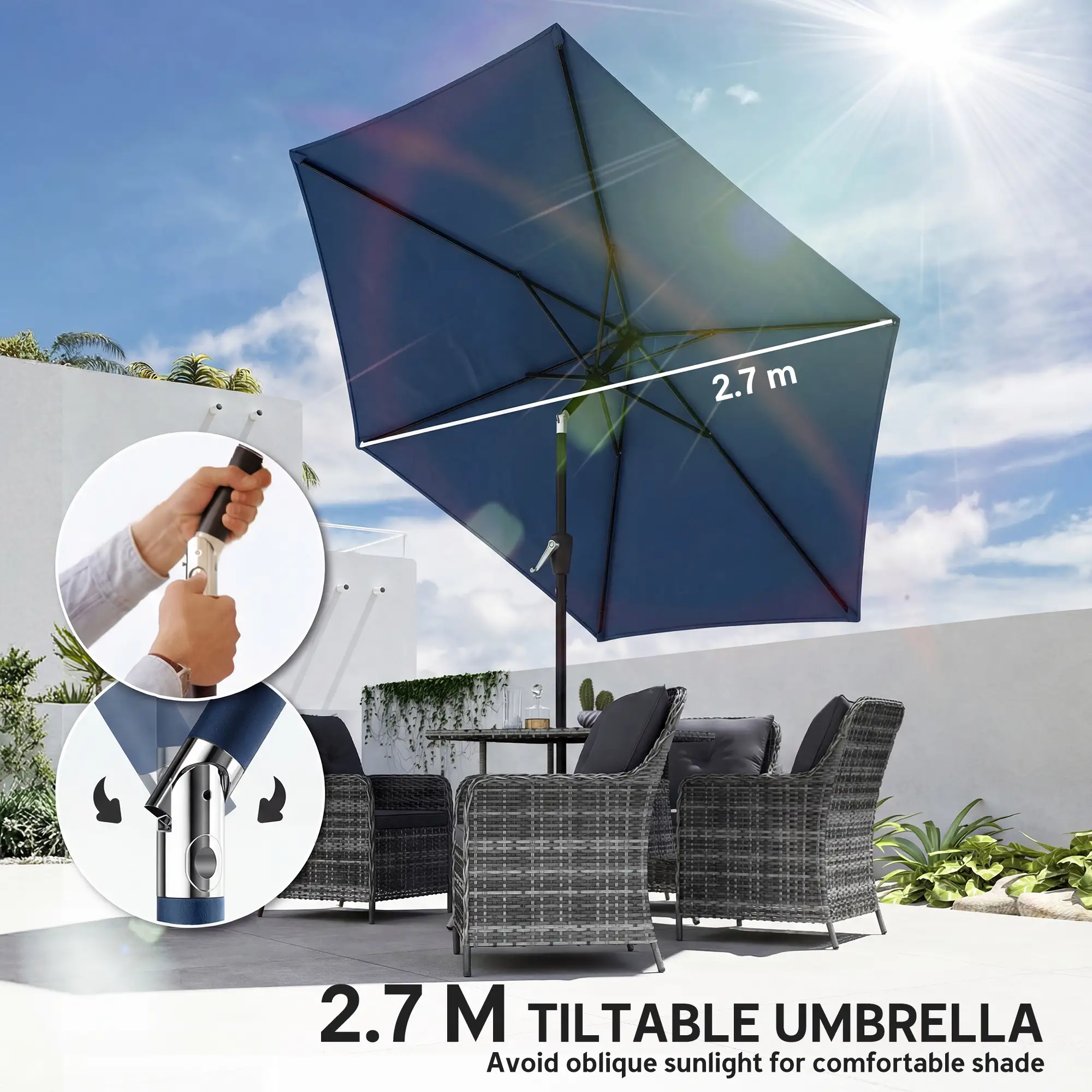 9FT Patio Umbrella With Tilt, Crank, 6 Ribs, UV Protection - Image 4