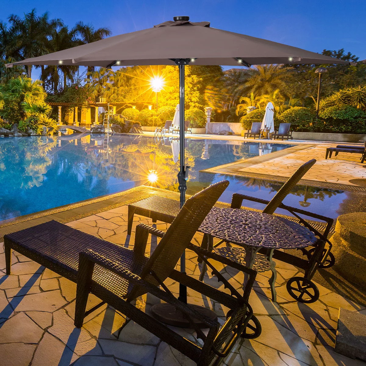 9FT Solar LED Patio Umbrella, Steel Tilt Crank, Tan - Image 2