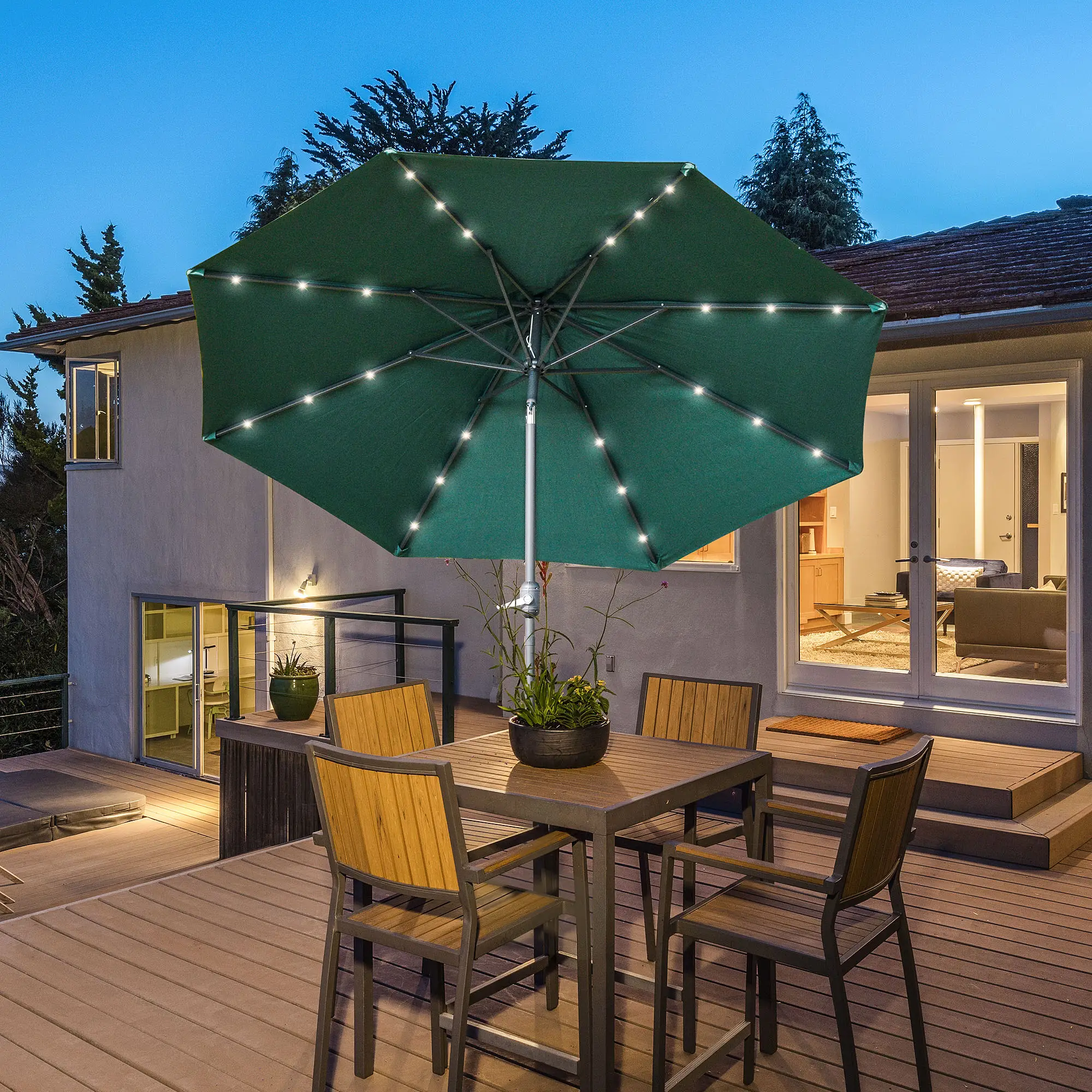 9ft Solar Patio Umbrella, 24 LED Lights, Tilt Canopy, Green - Image 2
