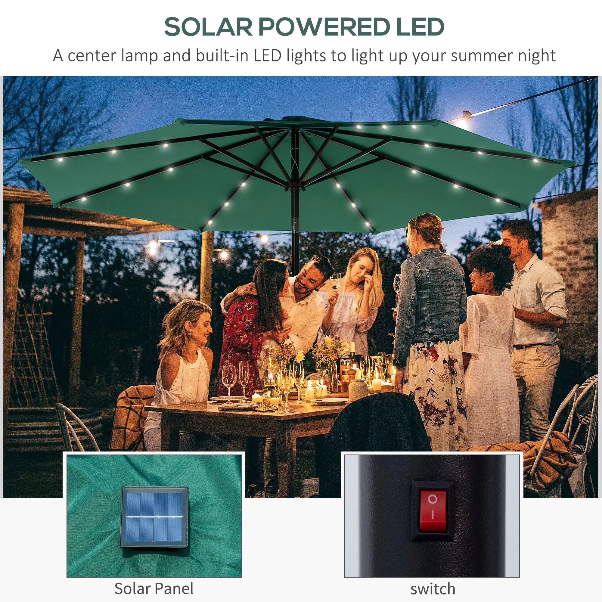 9ft Solar Patio Umbrella, 24 LED Lights, Tilt Canopy, Green - Image 4