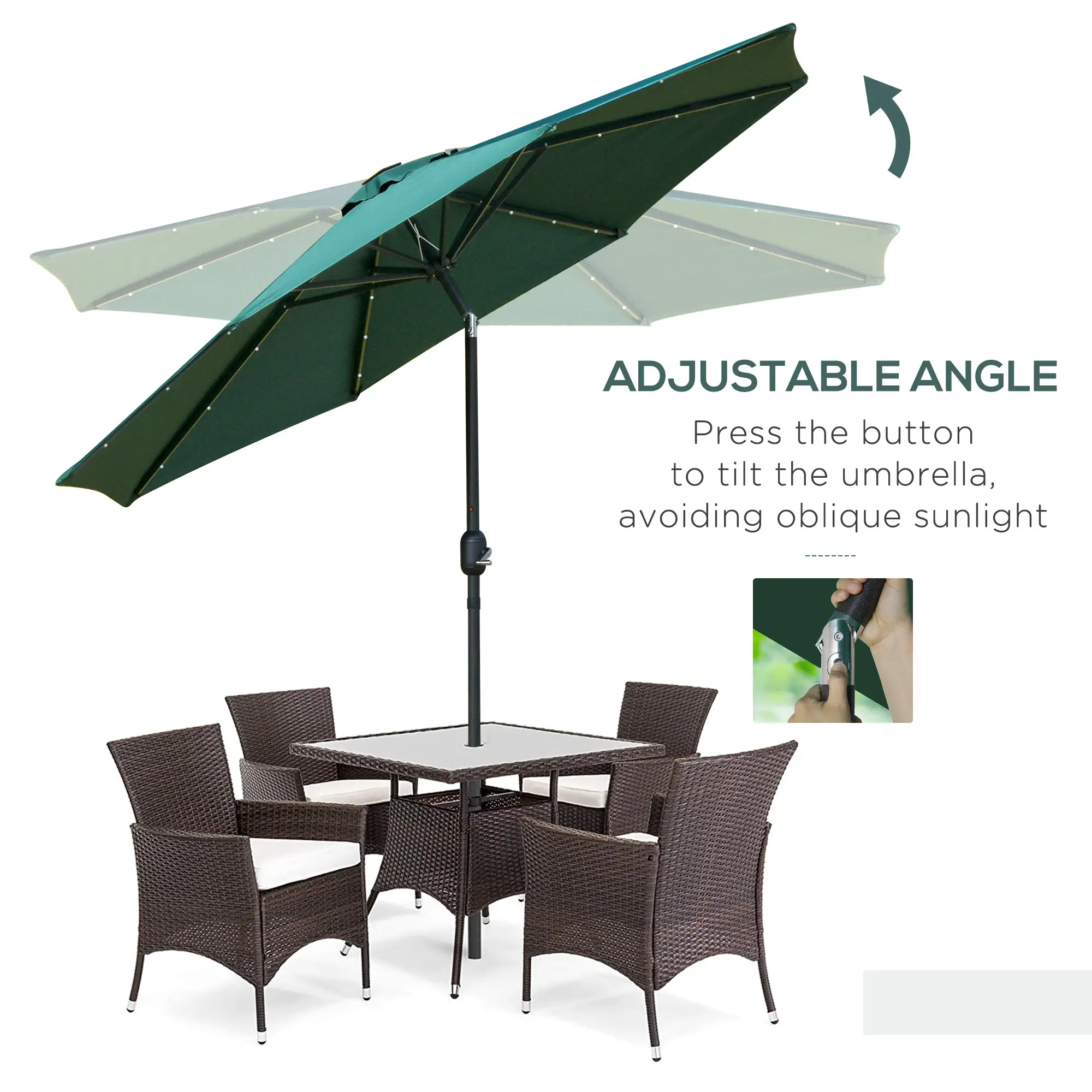 9ft Solar Patio Umbrella, 24 LED Lights, Tilt Canopy, Green - Image 5