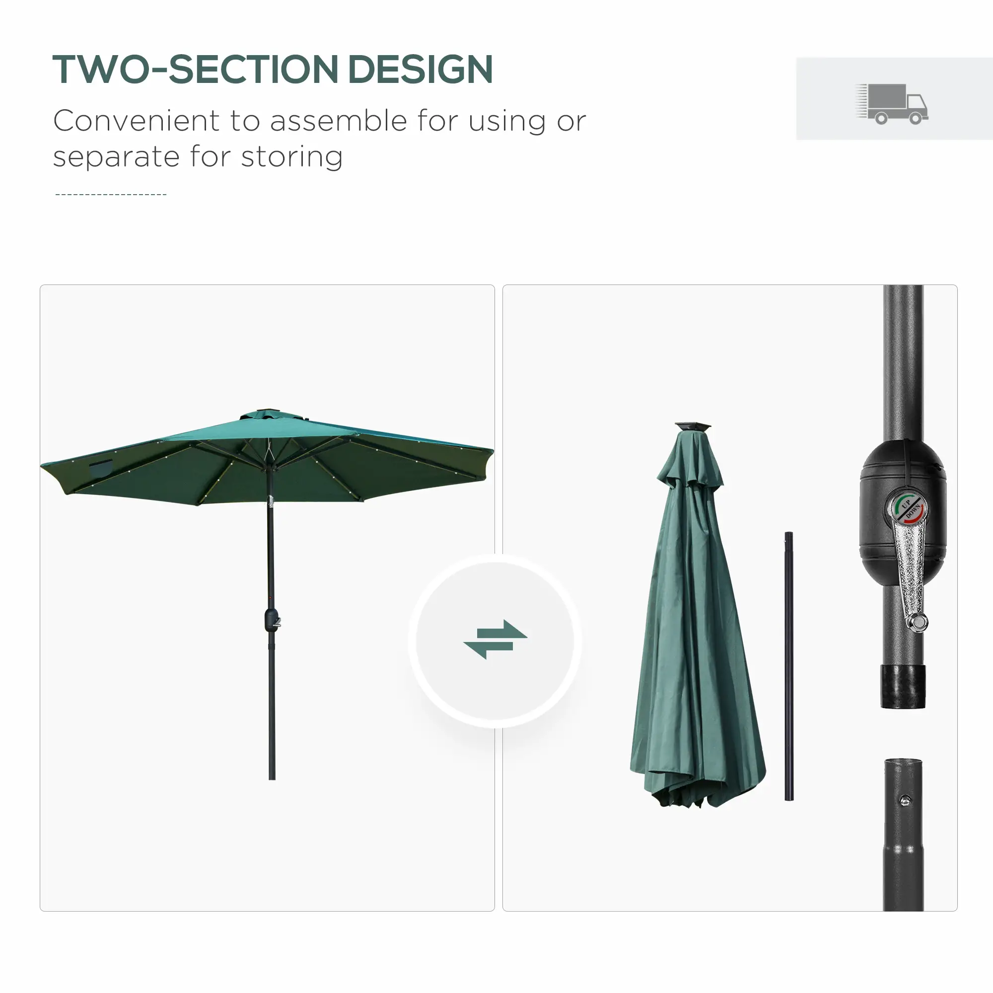 9ft Solar Patio Umbrella, 24 LED Lights, Tilt Canopy, Green - Image 9