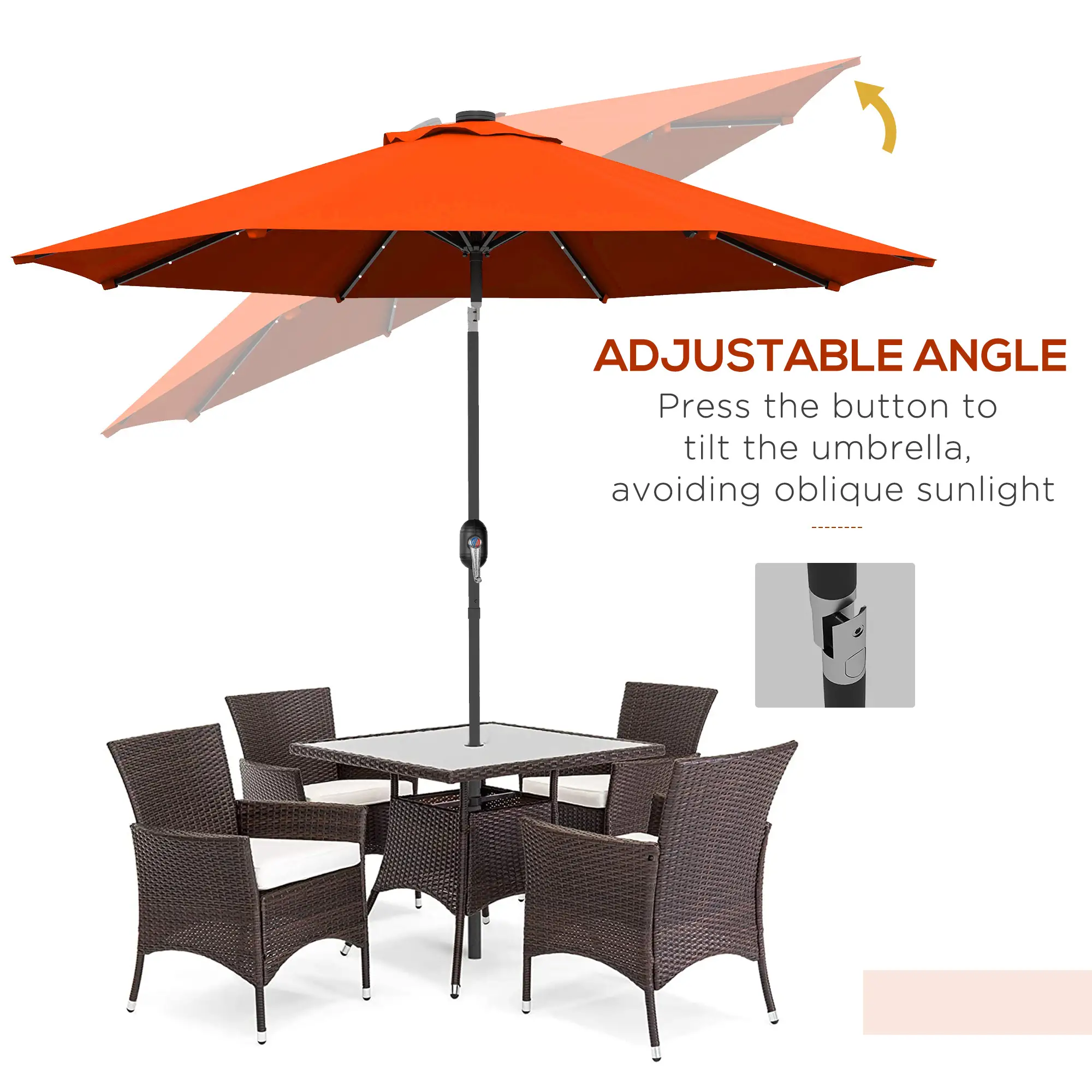 9ft Solar Patio Umbrella, 24 LED Lights, Tilt Canopy, Orange - Image 5