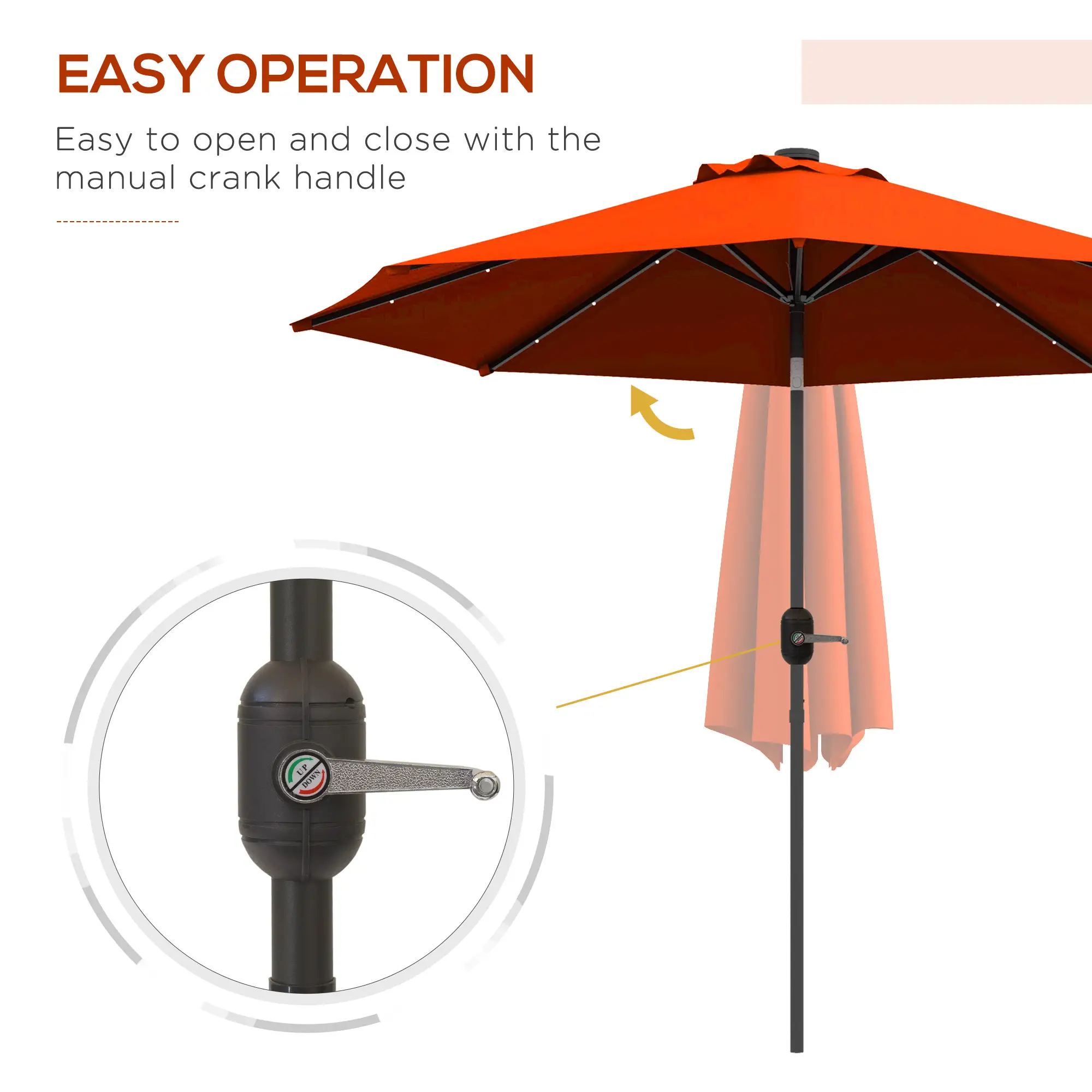 9ft Solar Patio Umbrella, 24 LED Lights, Tilt Canopy, Orange - Image 7