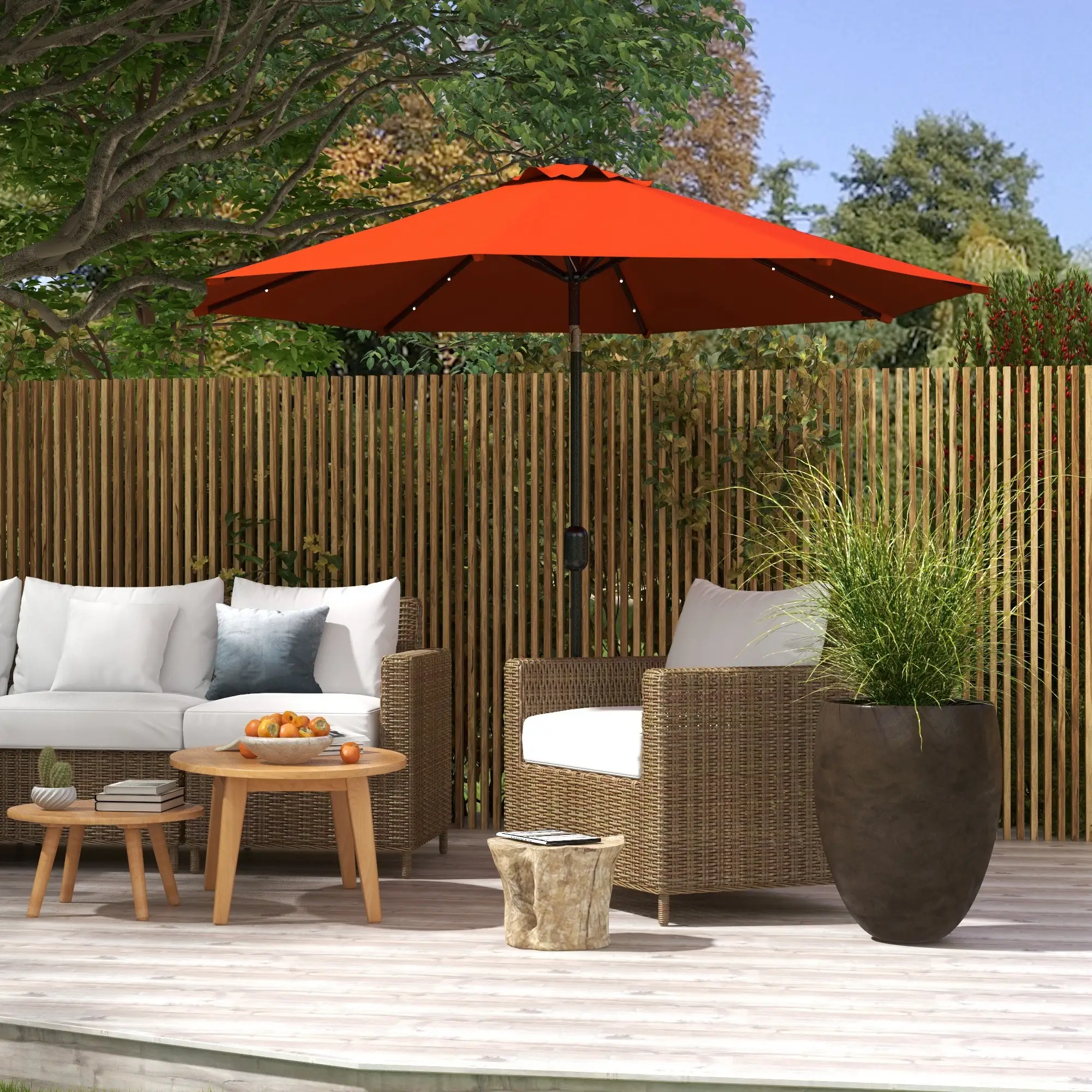 9ft Solar Patio Umbrella, 24 LED Lights, Tilt Canopy, Orange - Image 8