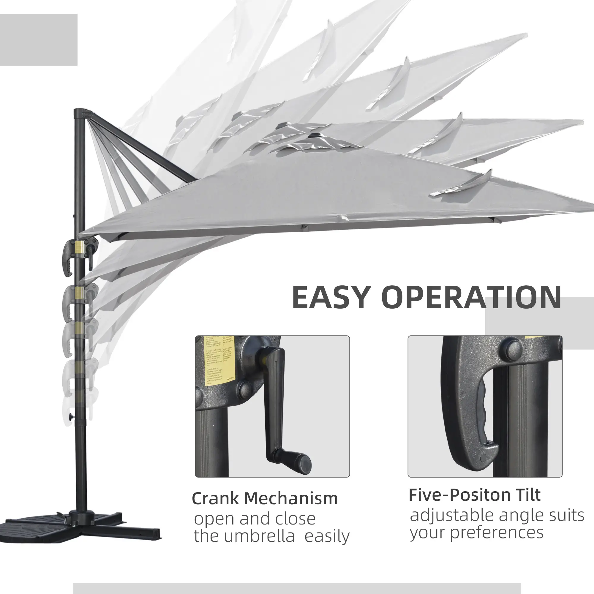 9ft Square Cantilever Patio Umbrella, Cross Base, Crank Handle, Light Grey - Image 4