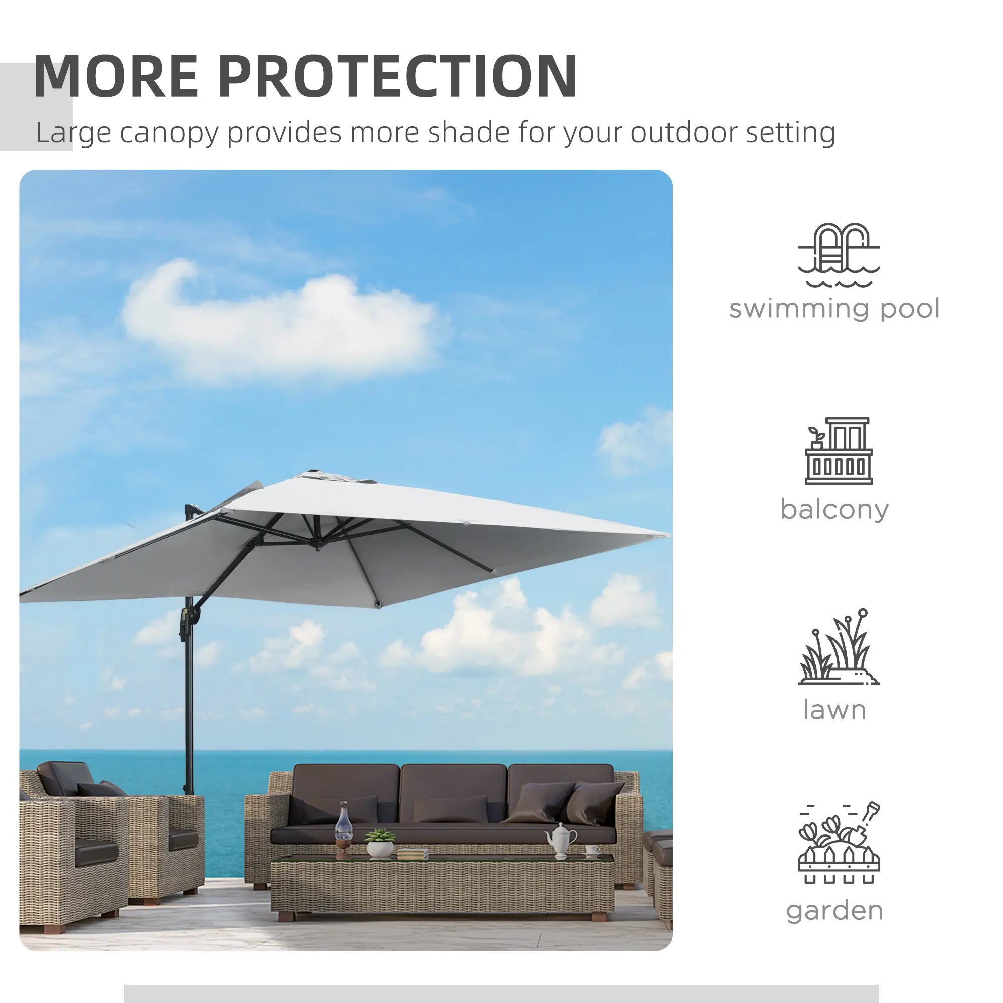 9ft Square Cantilever Patio Umbrella, Cross Base, Crank Handle, Light Grey - Image 7