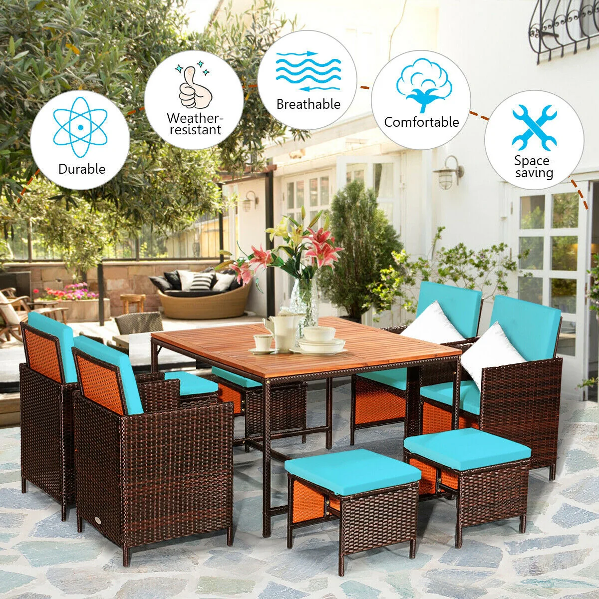 9PCS Patio Rattan Dining Cushioned Chairs Set, Turquoise - Image 10