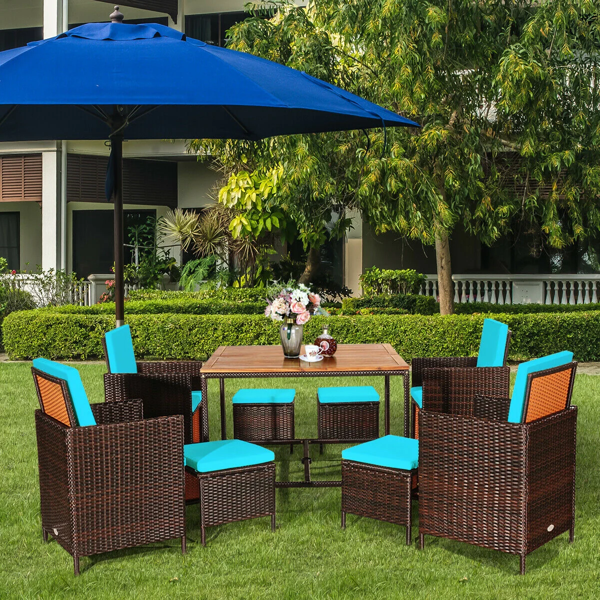 9PCS Patio Rattan Dining Cushioned Chairs Set, Turquoise - Image 2